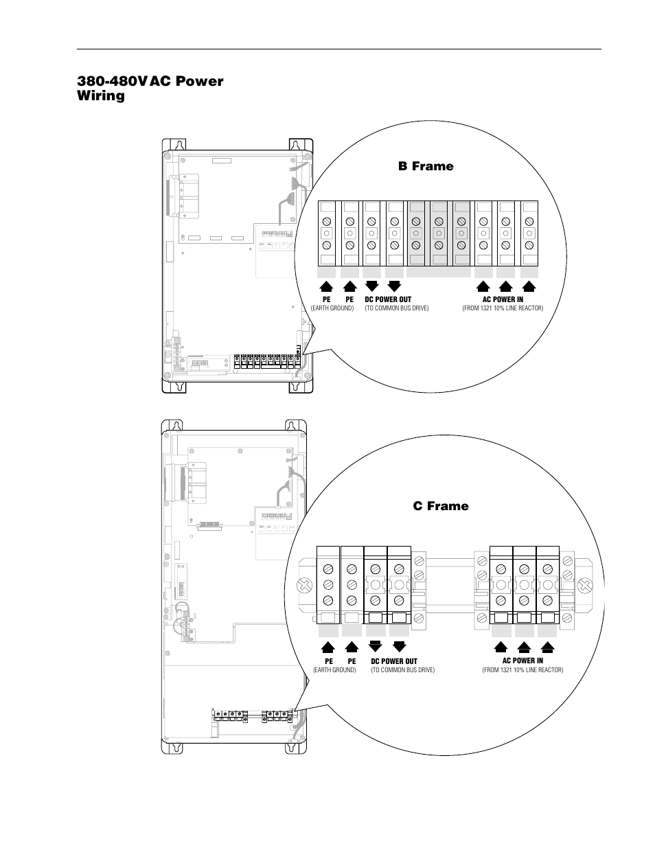 Converter -9, 480vac power wiring, B frame c frame converter converter | T2 s2 r2 do not use, T2 s2 r2 | Rockwell Automation 1336R REGEN LINE REG User Manual | Page 25 / 128