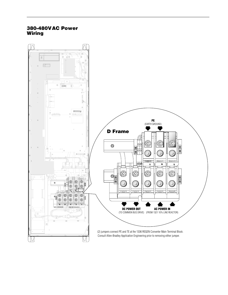 480vac power wiring, D frame, Converter | 2–10 regenerative dc bus supply operation, Risk of shock replace after servicing | Rockwell Automation 1336R REGEN LINE REG User Manual | Page 26 / 128