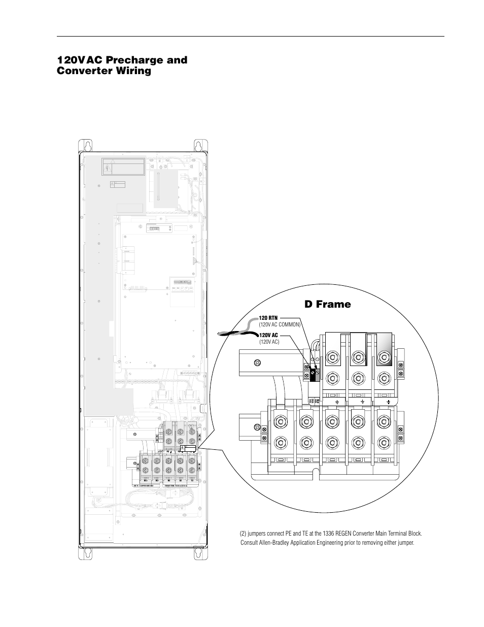 120vac converter connections -13, Converter -13, 120vac precharge and converter wiring | D frame, Converter, Regenerative dc bus supply operation 2–13, Risk of shock replace after servicing | Rockwell Automation 1336R REGEN LINE REG User Manual | Page 29 / 128