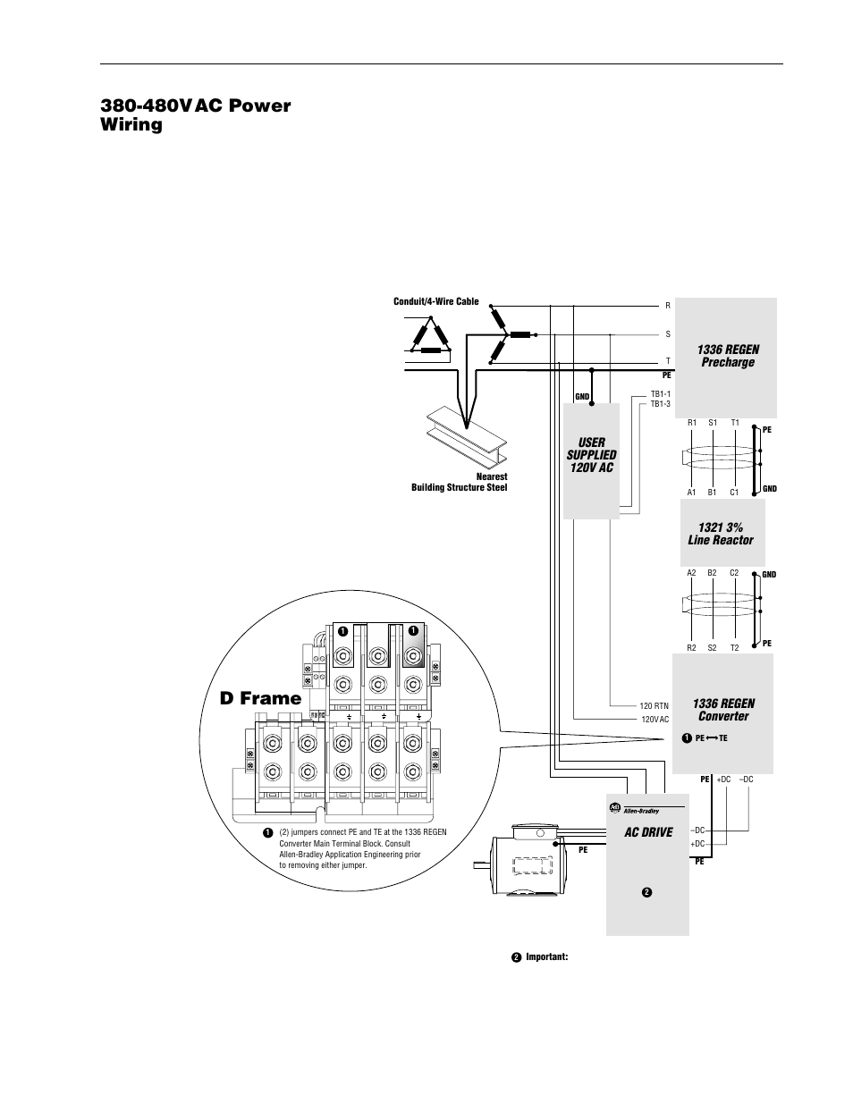 Grounding -11, Sensitive circuits -11, Te (true earth) termination -11 | Pe (power earth) termination -11, 480vac power wiring, D frame, Fig re 3 4 — regenerative brake gro nding, Regenerative brake operation 3–11, Ac drive, 1336 regen precharge | Rockwell Automation 1336R REGEN LINE REG User Manual | Page 63 / 128