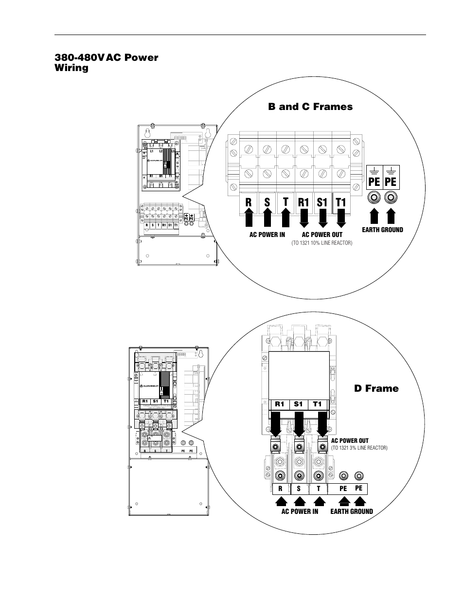 Precharge -13, Rpe pe s t r1 s1 t1, 480vac power wiring | B and c frames, D frame, Precharge | Rockwell Automation 1336R REGEN LINE REG User Manual | Page 65 / 128