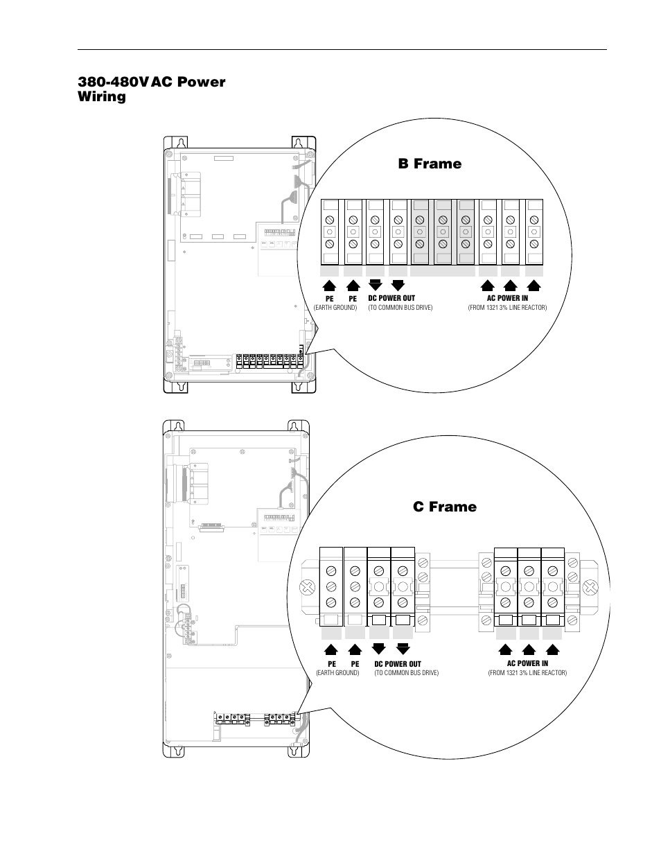 Converter -14, 480vac power wiring, B frame c frame | Converter, T2 s2 r2 do not use, T2 s2 r2 | Rockwell Automation 1336R REGEN LINE REG User Manual | Page 66 / 128