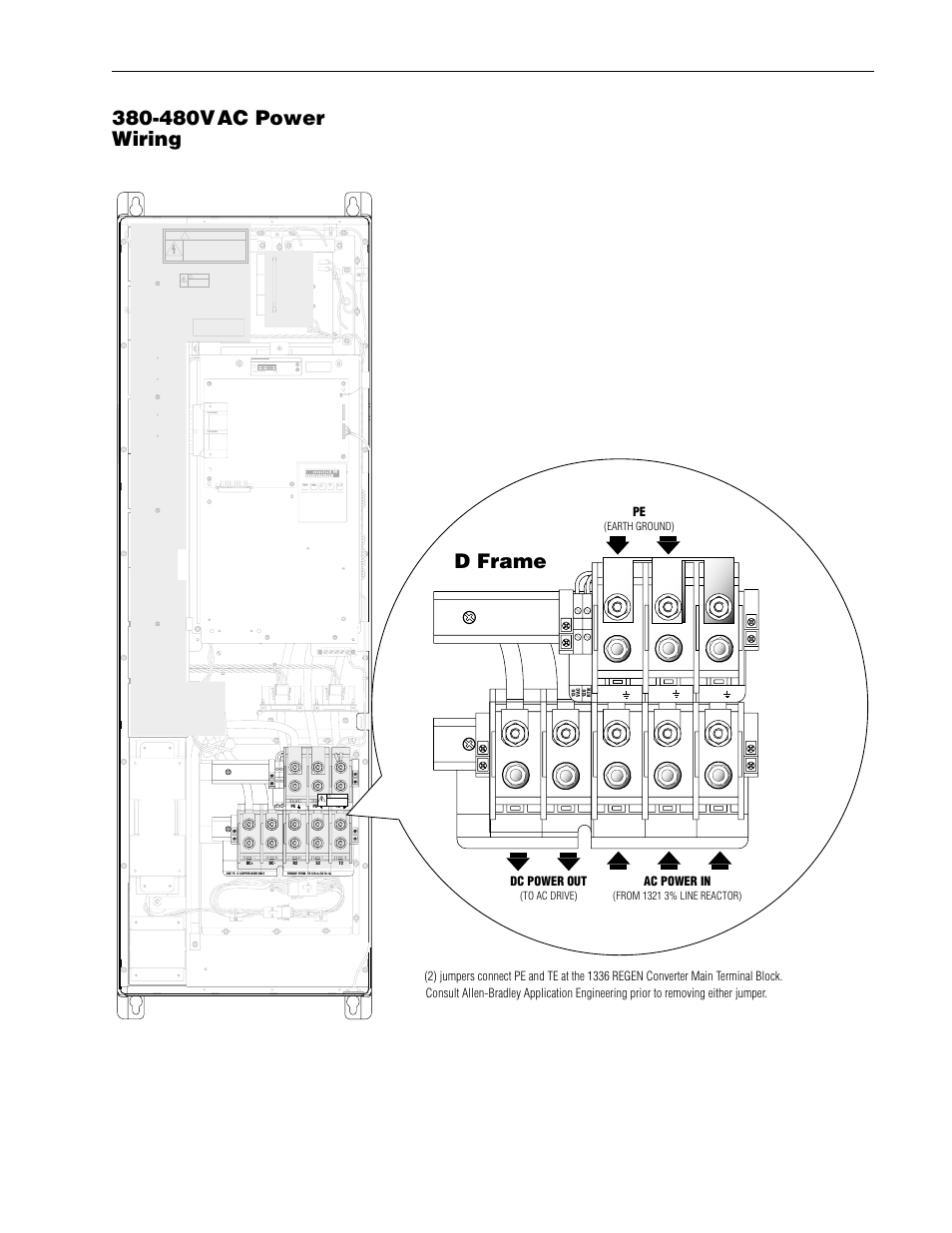 480vac power wiring, D frame, Converter | Regenerative brake operation 3–15, Risk of shock replace after servicing | Rockwell Automation 1336R REGEN LINE REG User Manual | Page 67 / 128