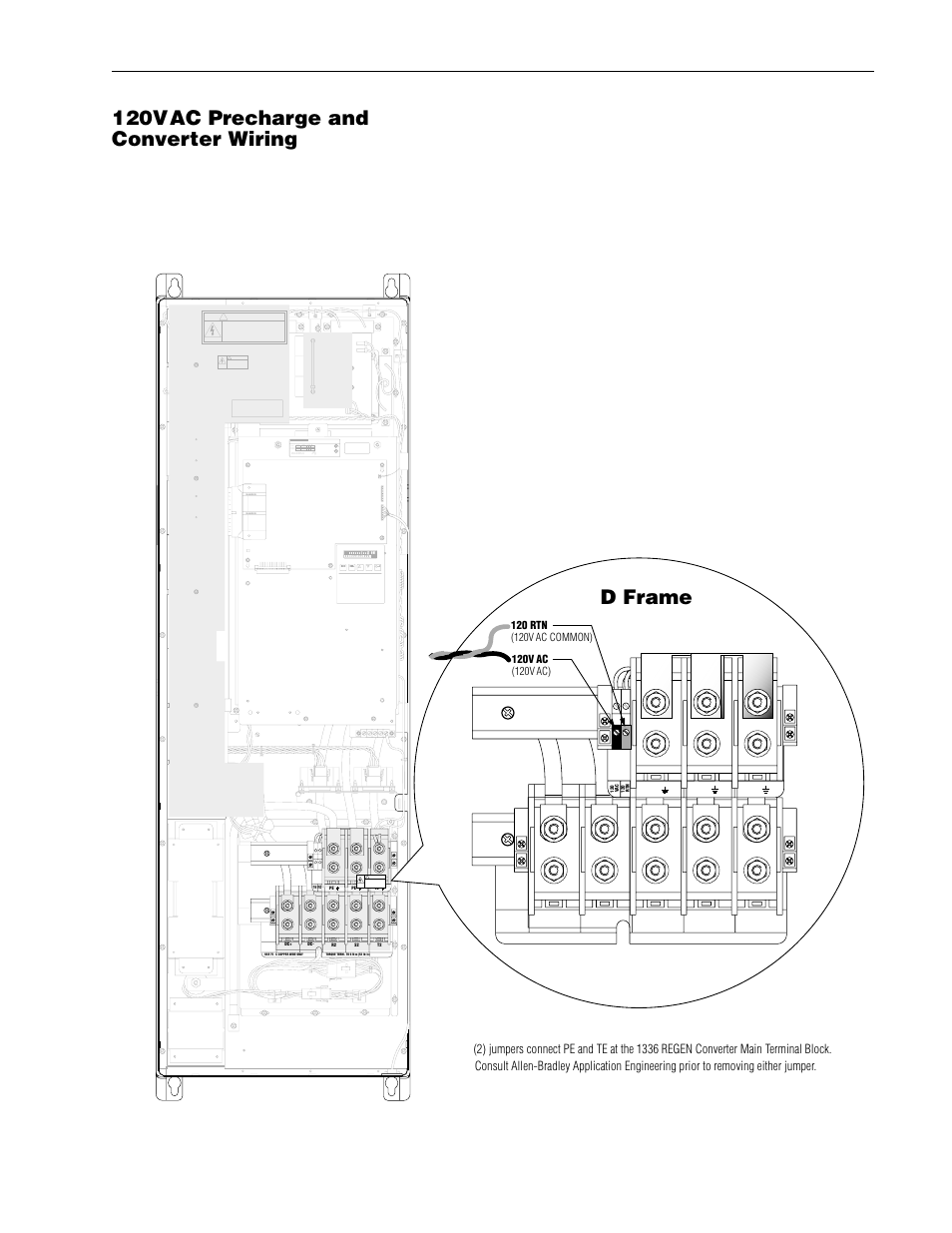120vac converter connections -18, 120vac precharge and converter wiring, D frame | Converter, 3–18 regenerative brake operation, Risk of shock replace after servicing | Rockwell Automation 1336R REGEN LINE REG User Manual | Page 70 / 128