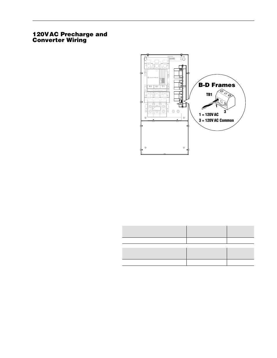 120vac precharge connections -19, 120vac connection specifications -19, 120vac precharge and converter wiring | B-d frames, Precharge | Rockwell Automation 1336R REGEN LINE REG User Manual | Page 71 / 128