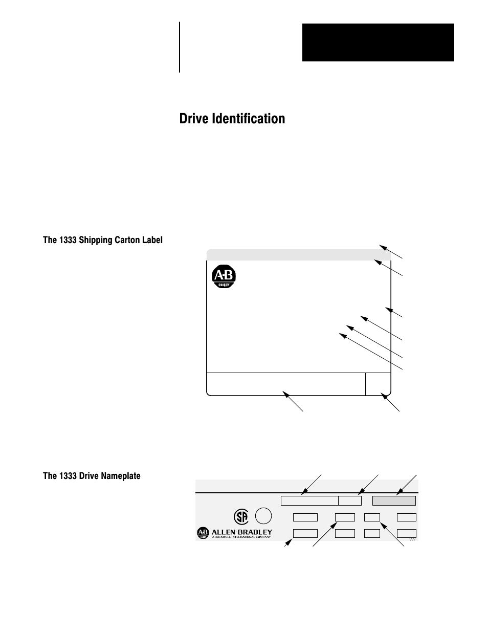 2 - drive identification, The 1333 shipping carton label, The 1333 drive nameplate | Drive identification, 1333-aaa, Adjustable frequency ac drive, Part no, Chapter | Rockwell Automation 1333 Drive, 3/4-5HP, 230-575V Series D User Manual | Page 10 / 138