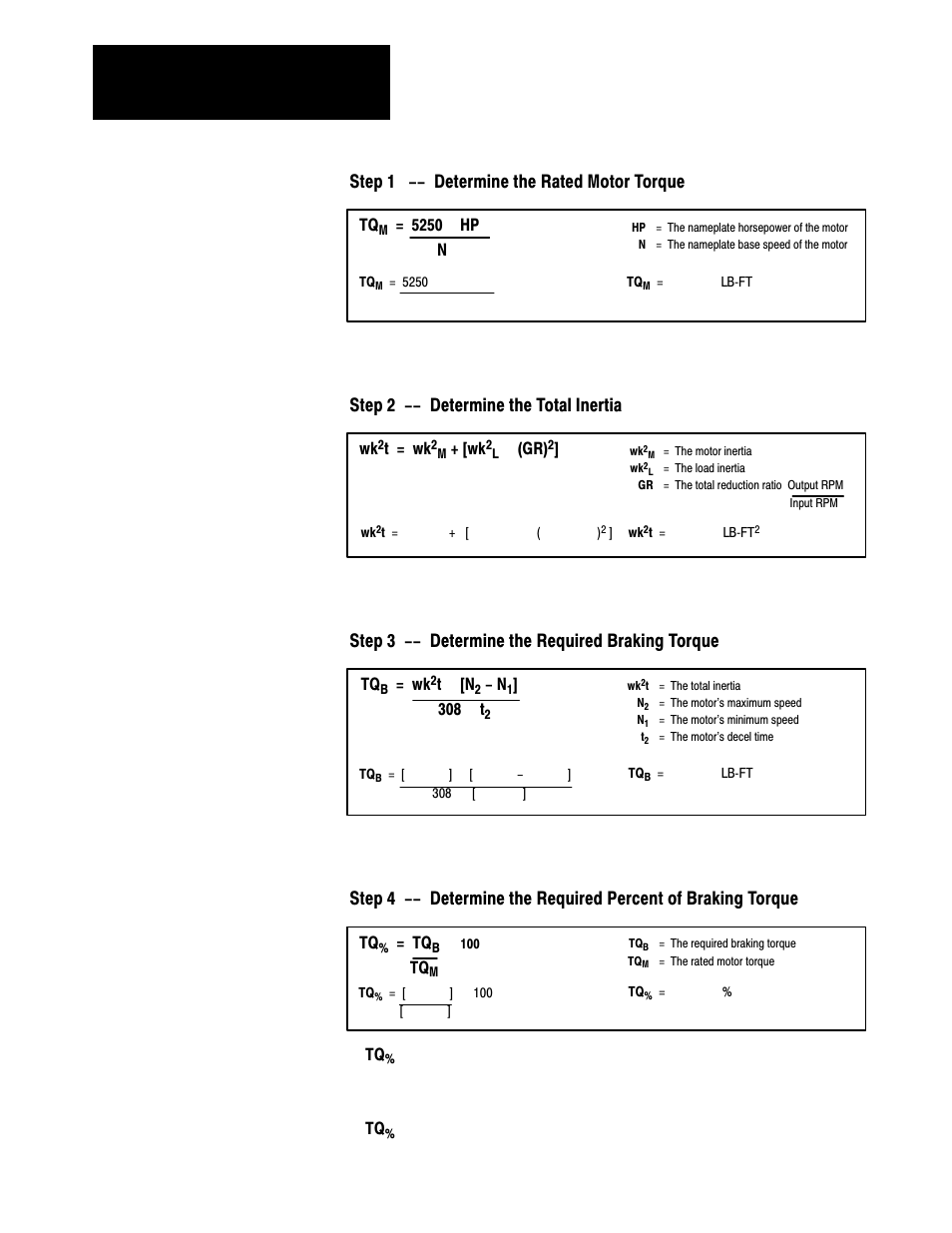 Step 1 -- determine the rated motor torque, Step 2 -- determine the total inertia, Step 3 -- determine the required braking torque | Rockwell Automation 1333 Drive, 3/4-5HP, 230-575V Series D User Manual | Page 131 / 138