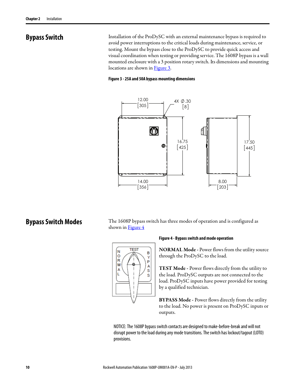 Bypass switch, Figure 3 - 25a and 50a bypass mounting dimensions, Bypass switch modes | Figure 4 - bypass switch and mode operation, Bypass switch bypass switch modes | Rockwell Automation 1608P ProDySC User Manual, 25 and 50 A User Manual | Page 10 / 40