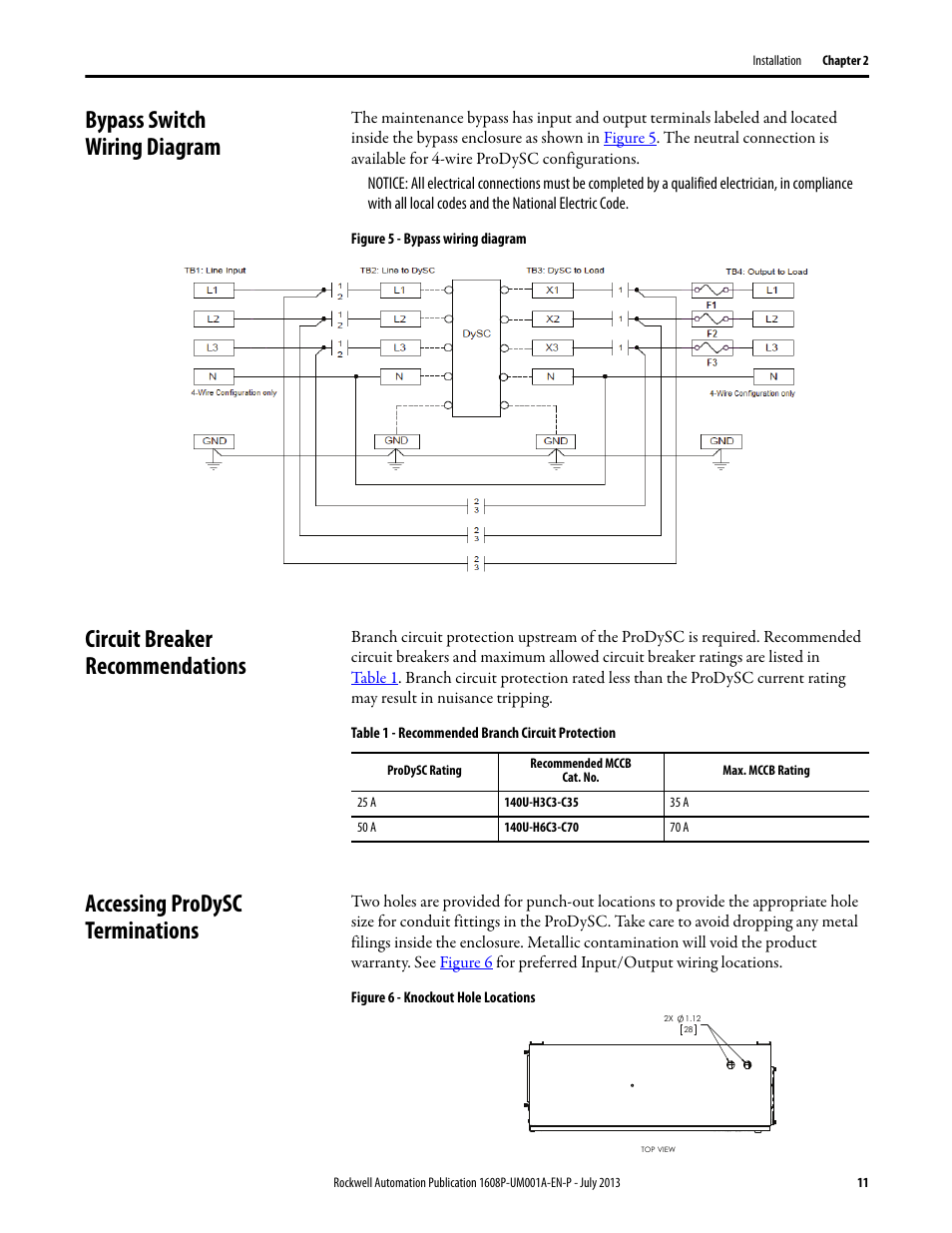 Bypass switch wiring diagram, Figure 5 - bypass wiring diagram, Circuit breaker recommendations | Table 1 - recommended branch circuit protection, Accessing prodysc terminations, Figure 6 - knockout hole locations | Rockwell Automation 1608P ProDySC User Manual, 25 and 50 A User Manual | Page 11 / 40