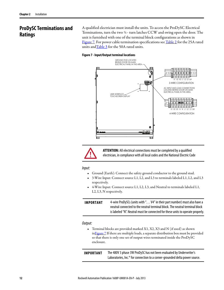 Prodysc terminations and ratings, Figure 7 - input/output terminal locations, Input | Output, Input: output | Rockwell Automation 1608P ProDySC User Manual, 25 and 50 A User Manual | Page 12 / 40