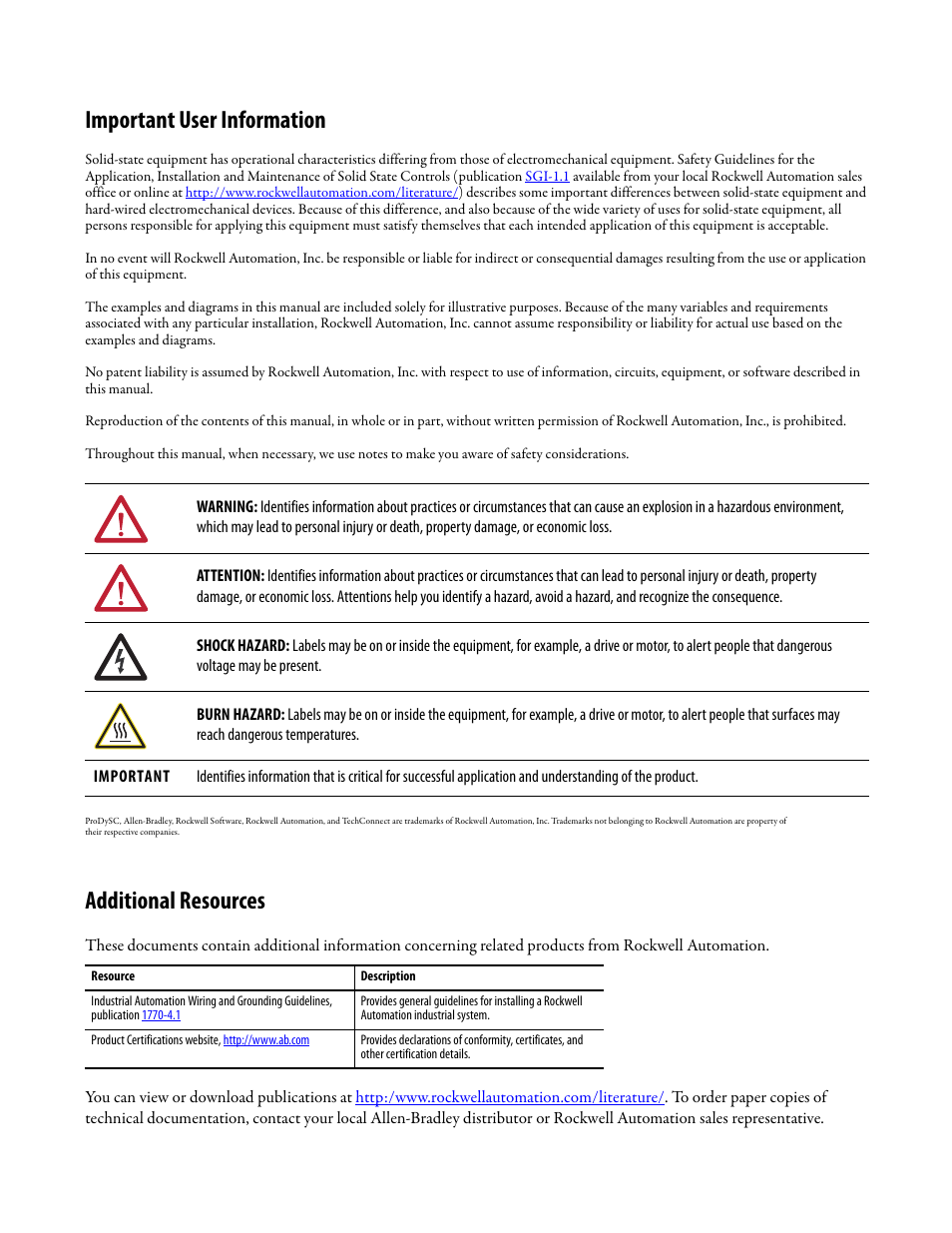 Important user information, Additional resources | Rockwell Automation 1608P ProDySC User Manual, 25 and 50 A User Manual | Page 2 / 40
