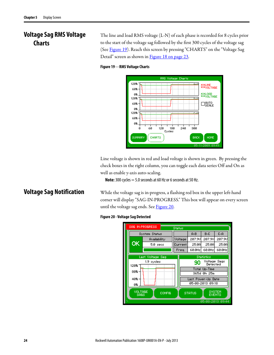Voltage sag rms voltage charts, Figure 19 - - rms voltage charts, Voltage sag notification | Figure 20 - voltage sag detected | Rockwell Automation 1608P ProDySC User Manual, 25 and 50 A User Manual | Page 24 / 40