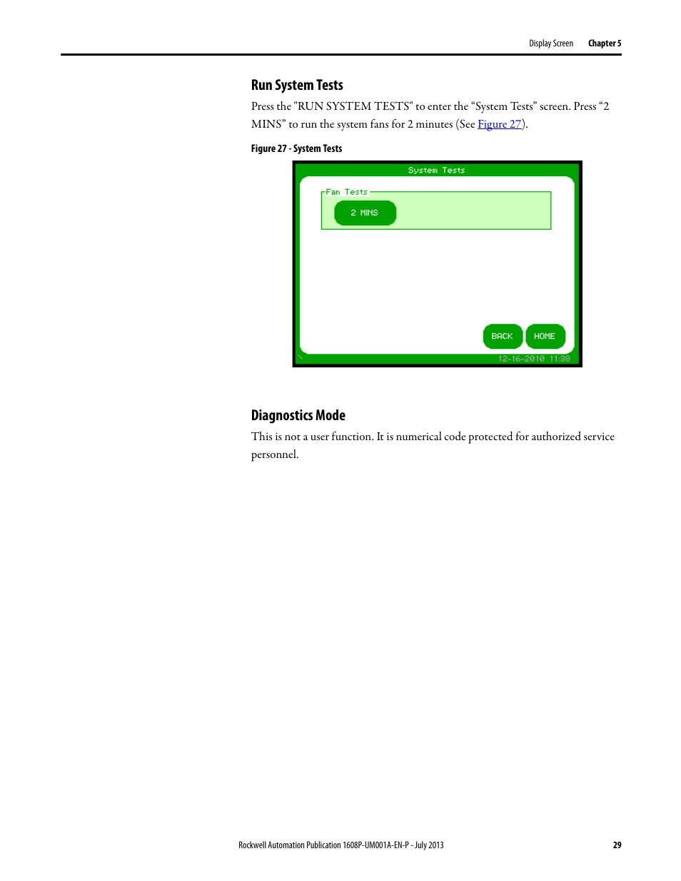 Run system tests, Figure 27 - system tests, Diagnostics mode | Run system tests diagnostics mode | Rockwell Automation 1608P ProDySC User Manual, 25 and 50 A User Manual | Page 29 / 40