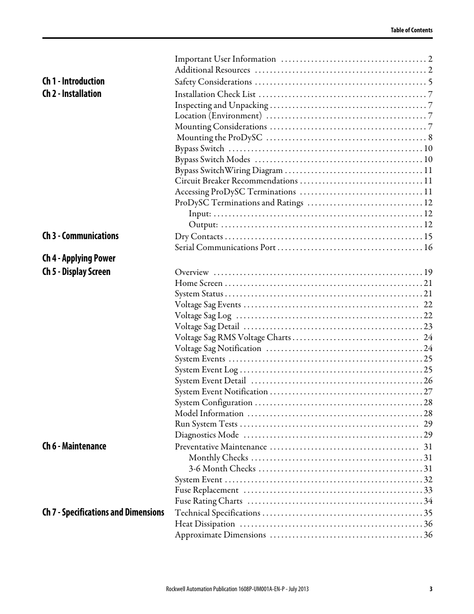Ch 1 - introduction, Ch 2 - installation, Ch 3 - communications | Ch 4 - applying power, Ch 5 - display screen, Ch 6 - maintenance, Ch 7 - specifications and dimensions | Rockwell Automation 1608P ProDySC User Manual, 25 and 50 A User Manual | Page 3 / 40