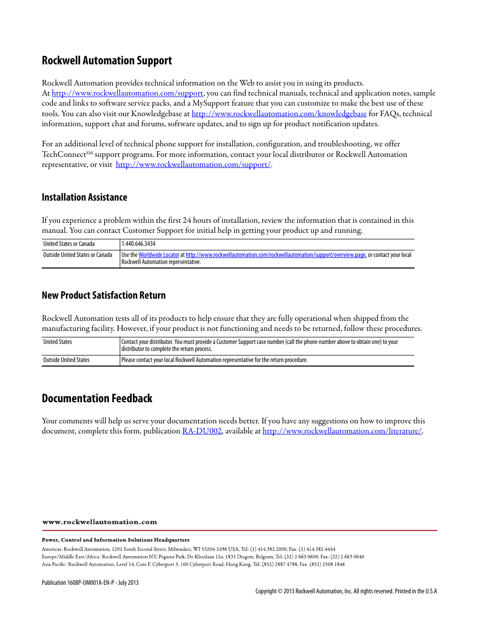 Rockwell automation support, Documentation feedback, Installation assistance | New product satisfaction return | Rockwell Automation 1608P ProDySC User Manual, 25 and 50 A User Manual | Page 40 / 40
