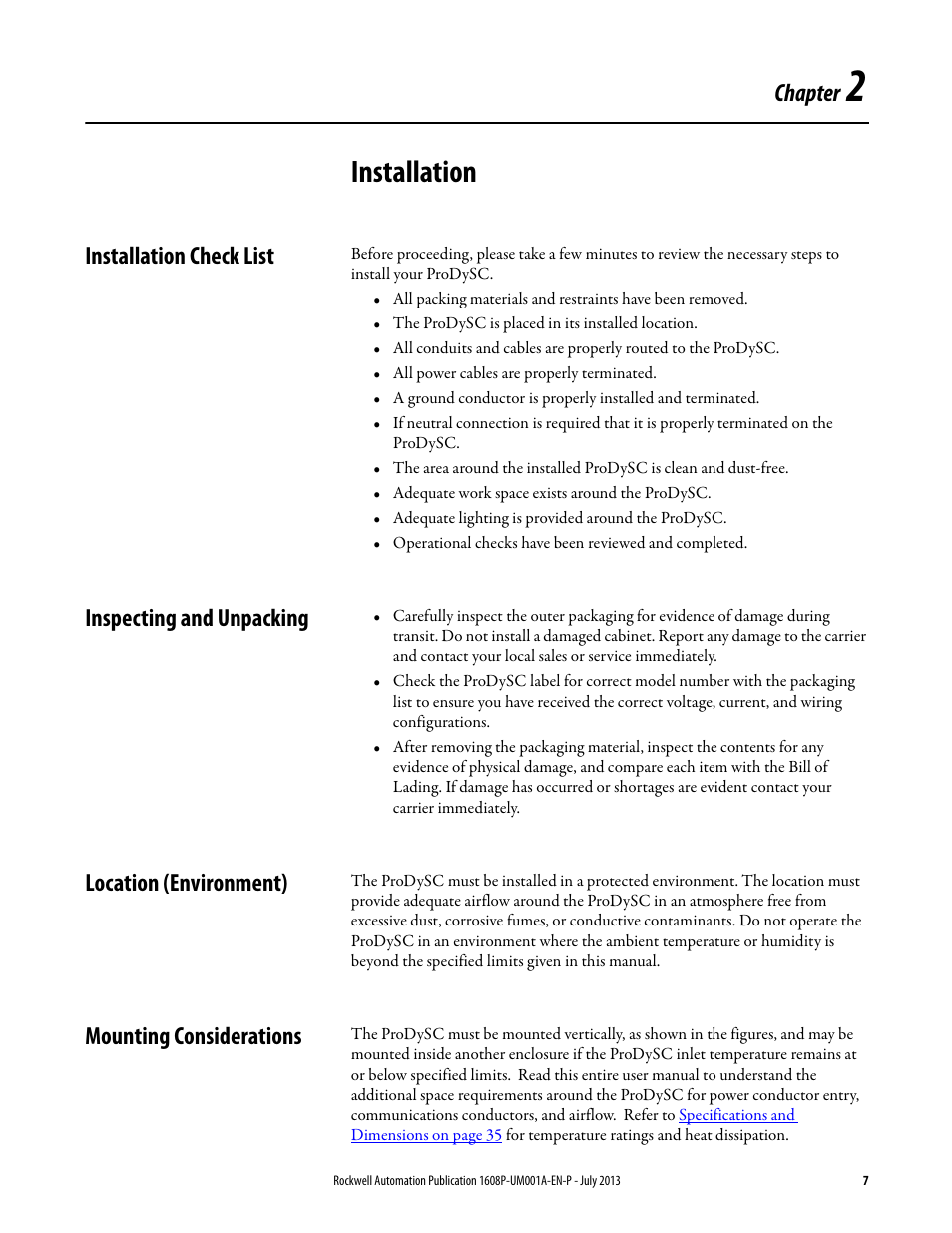 Chapter 2, Installation, Installation check list | Inspecting and unpacking, Location (environment), Mounting considerations, Ch 2 - installation, Chapter | Rockwell Automation 1608P ProDySC User Manual, 25 and 50 A User Manual | Page 7 / 40