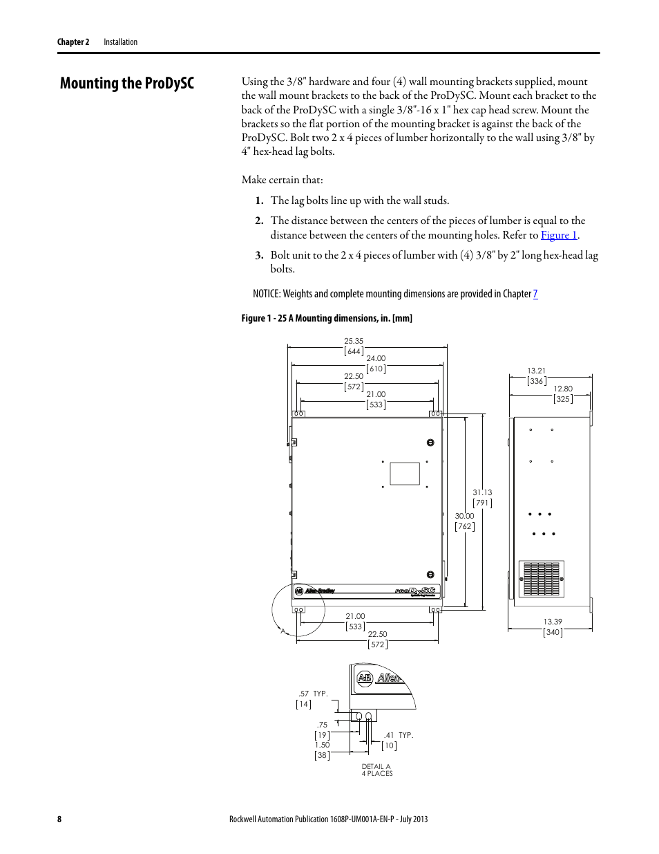 Mounting the prodysc, The lag bolts line up with the wall studs, Figure 1 - 25 a mounting dimensions, in. [mm | Rockwell Automation 1608P ProDySC User Manual, 25 and 50 A User Manual | Page 8 / 40