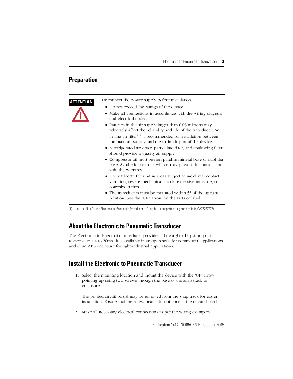 Preparation, About the electronic to pneumatic transducer, Install the electronic to pneumatic transducer | Rockwell Automation 1414-INZ10ZXPBP,,1414-CNZ10ZXPBP Electronic to Pneumatic Transducer User Manual | Page 3 / 8