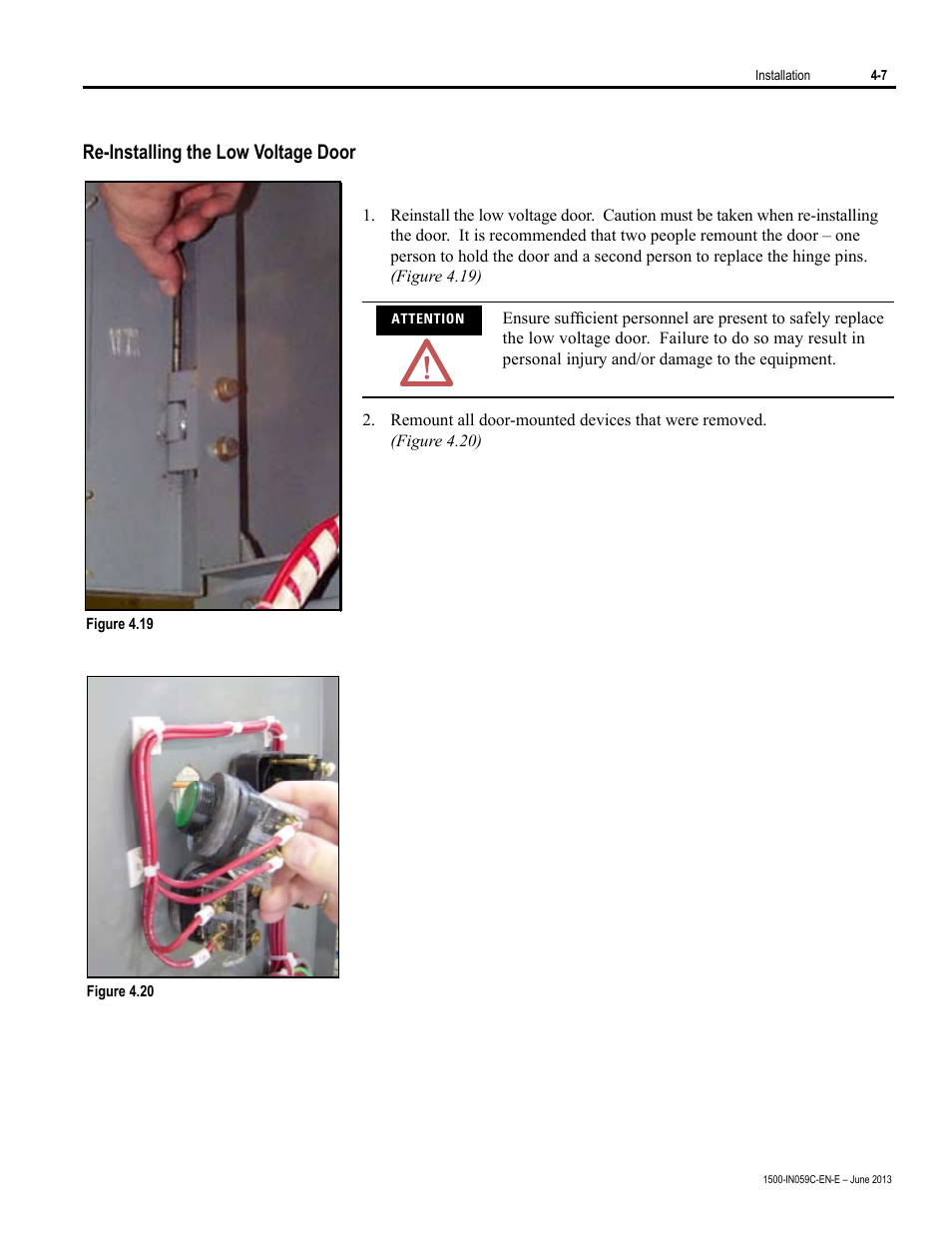Re-installing the low voltage door | Rockwell Automation 1500 Modular Protection System Conversion Kit (GE Multilin to Bulletin 825 Plus) User Manual | Page 21 / 55