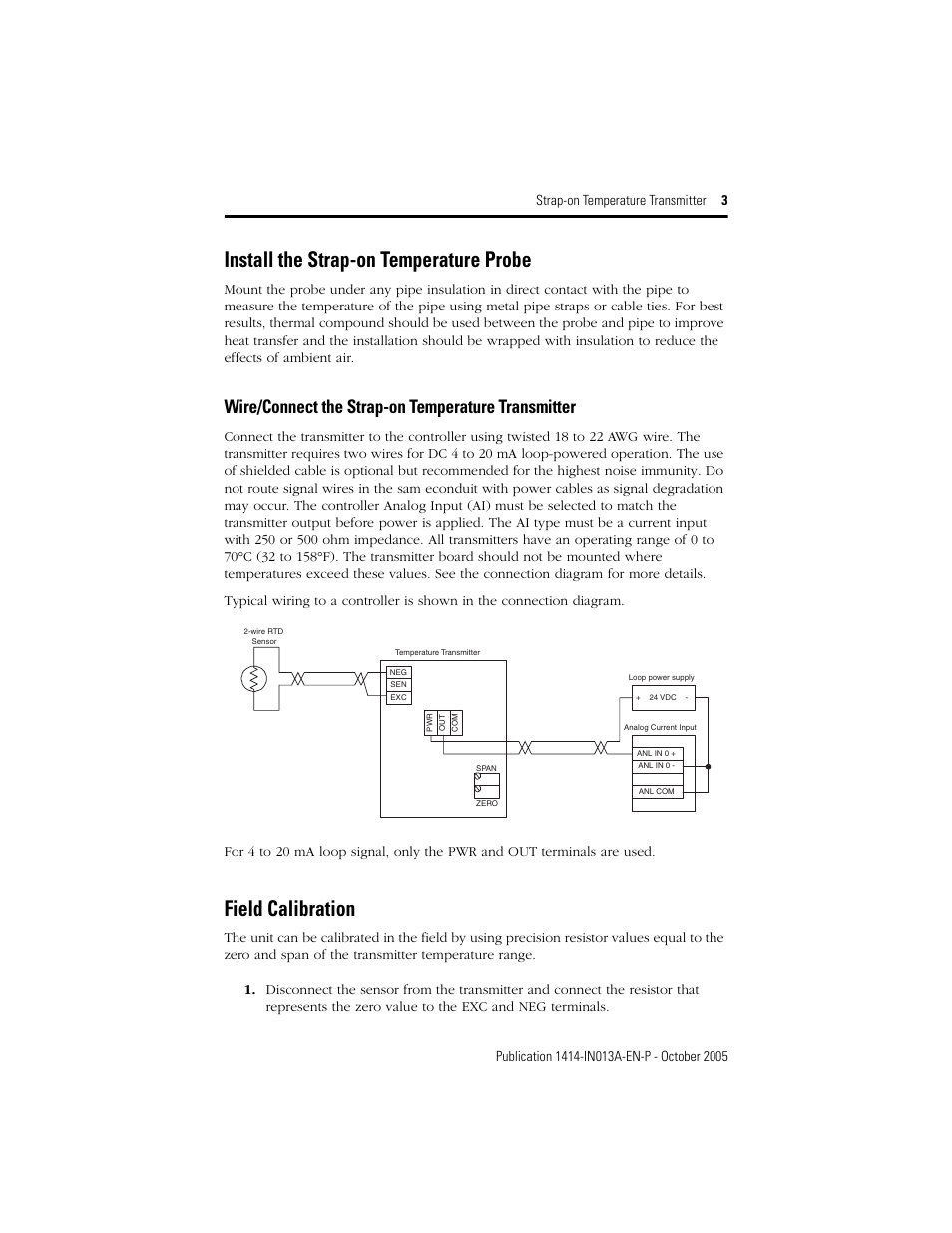 Install the strap-on temperature probe, Wire/connect the strap-on temperature transmitter, Field calibration | Rockwell Automation 1414-ITExxxxx_CTExxxxx Strap-on Temperature Transmitter User Manual | Page 3 / 4