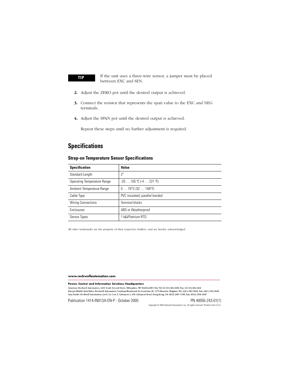Specifications, Back cover | Rockwell Automation 1414-ITExxxxx_CTExxxxx Strap-on Temperature Transmitter User Manual | Page 4 / 4