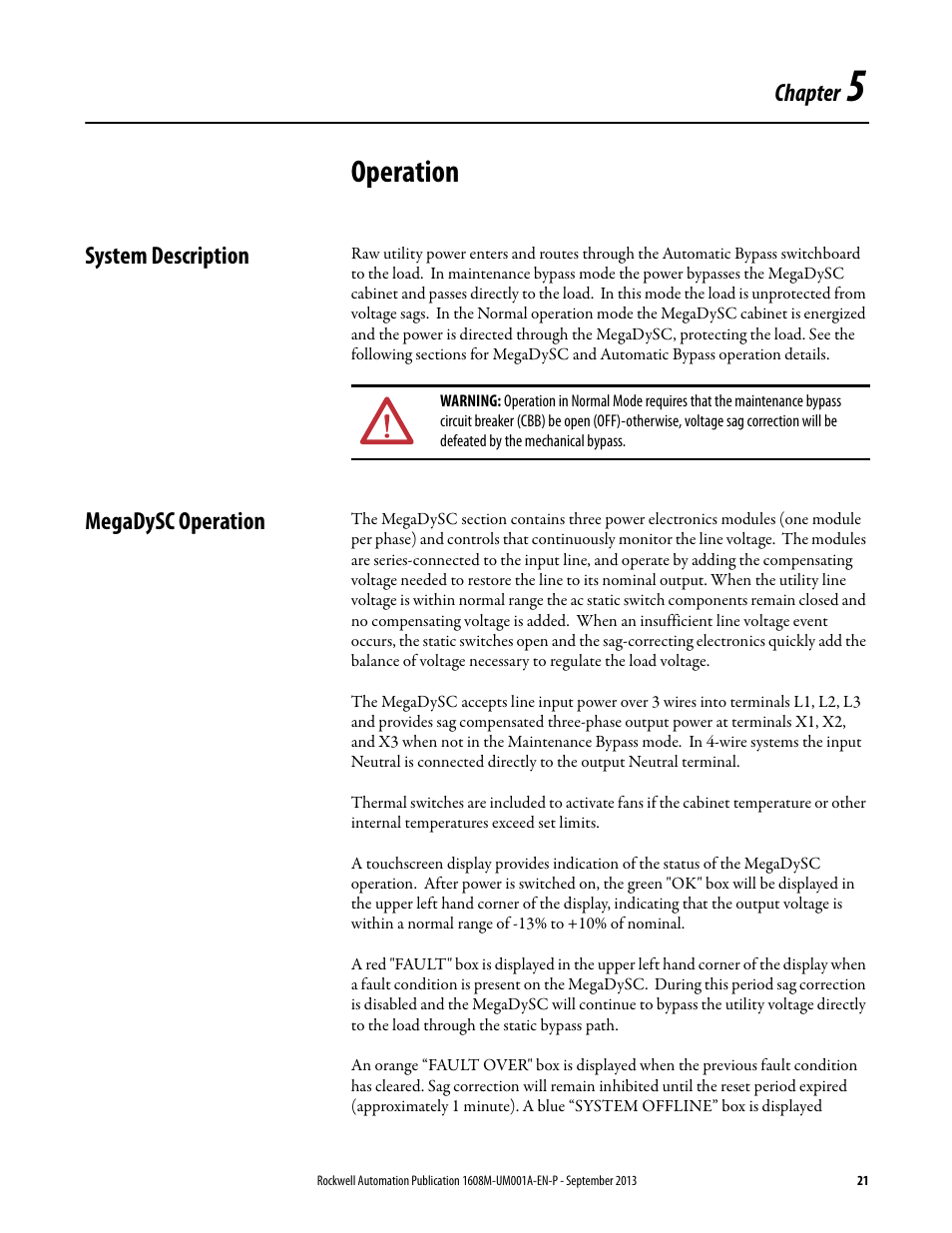 Chapter 5, Operation, System description | Megadysc operation, Ch 5 - operation, System description megadysc operation | Rockwell Automation 1608M MegaDySC User Manual, 400 A User Manual | Page 21 / 48