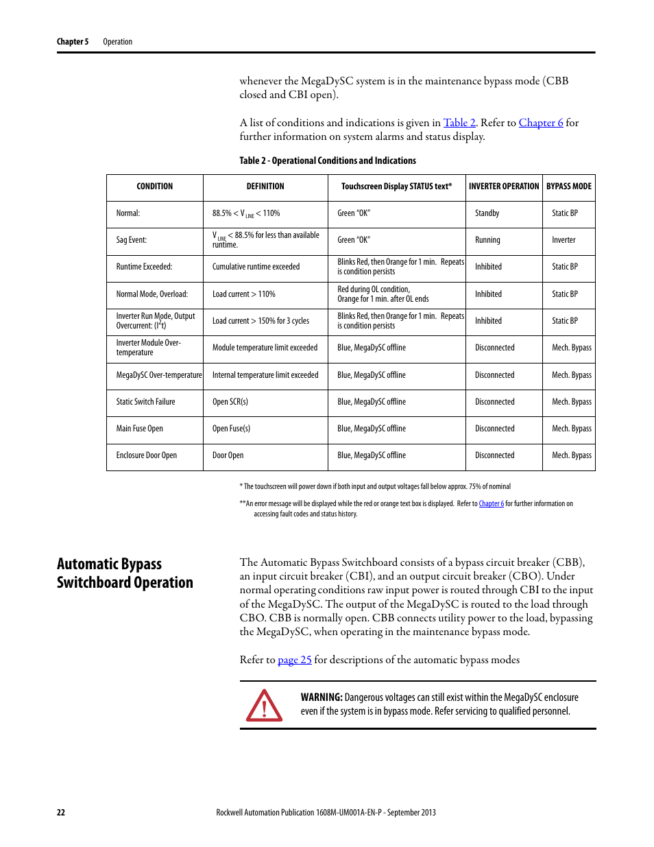 Table 2 - operational conditions and indications, Automatic bypass switchboard operation, Automatic bypass | Rockwell Automation 1608M MegaDySC User Manual, 400 A User Manual | Page 22 / 48