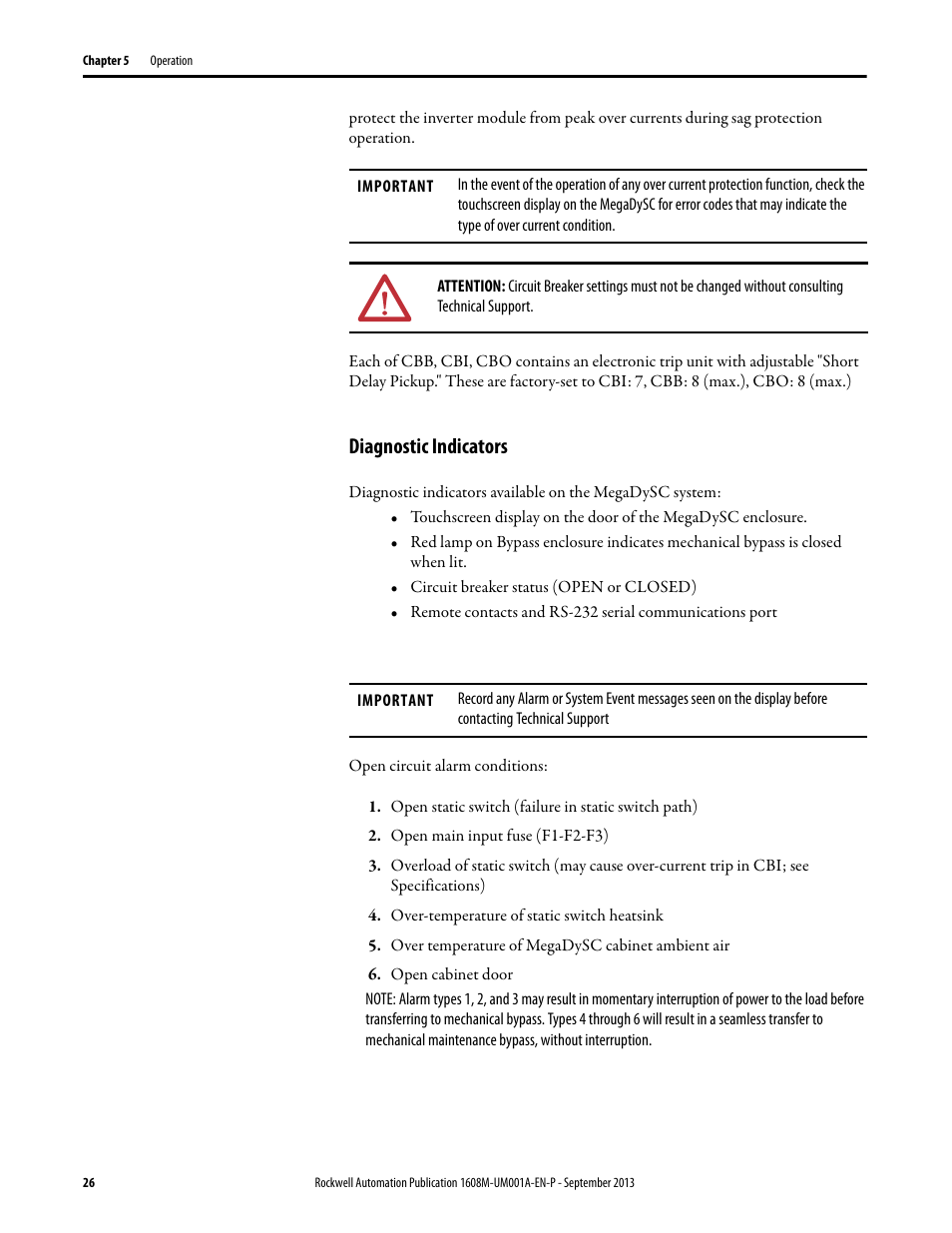 Diagnostic indicators, Open static switch (failure in static switch path), Open main input fuse (f1-f2-f3) | Over-temperature of static switch heatsink, Over temperature of megadysc cabinet ambient air, Open cabinet door | Rockwell Automation 1608M MegaDySC User Manual, 400 A User Manual | Page 26 / 48