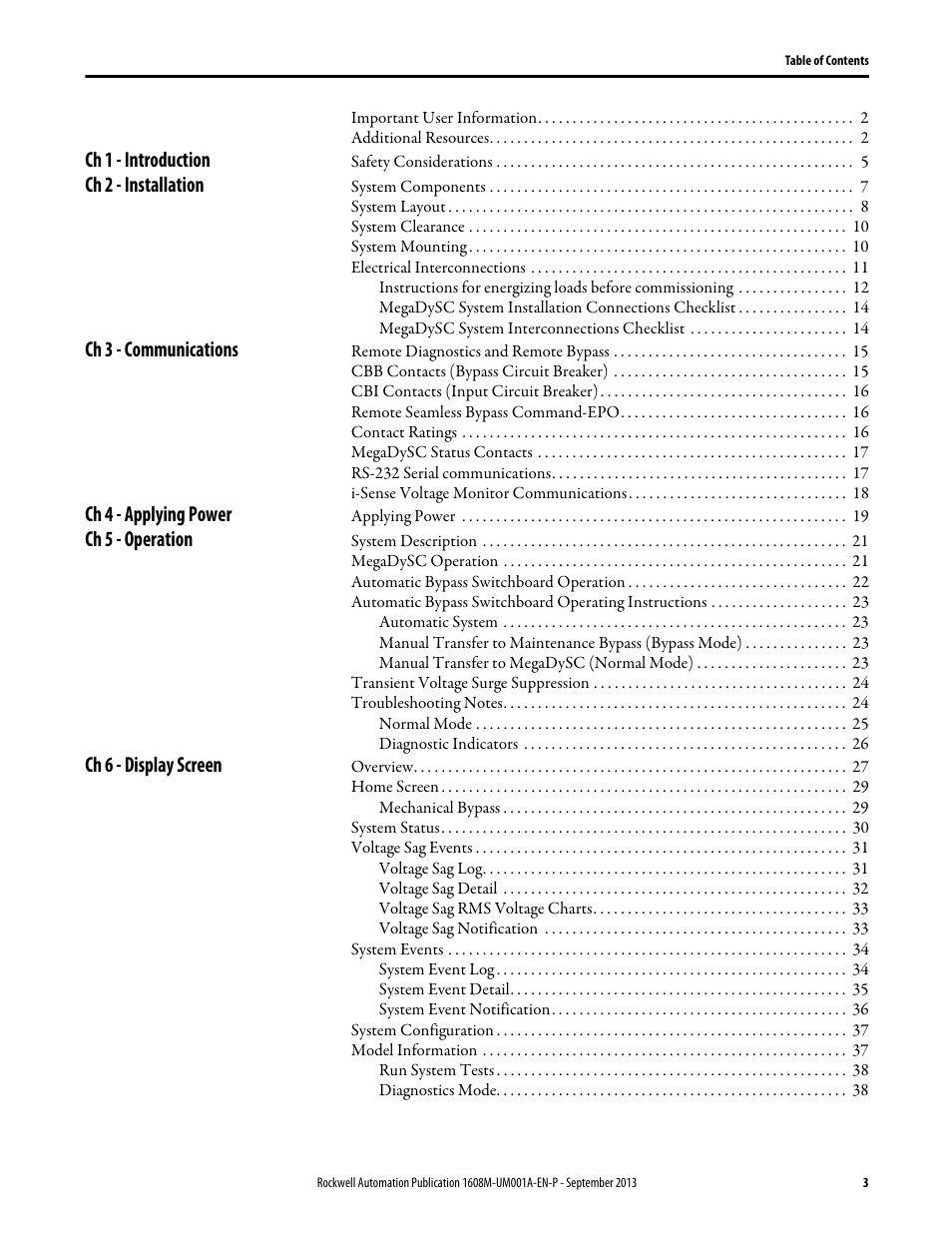 Ch 1 - introduction, Ch 2 - installation, Ch 3 - communications | Ch 4 - applying power, Ch 5 - operation, Ch 6 - display screen | Rockwell Automation 1608M MegaDySC User Manual, 400 A User Manual | Page 3 / 48