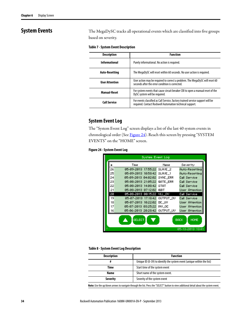 System events, Table 7 - system event description, Informational | Auto-resetting, User attention, Manual-reset, Call service, System event log, Figure 24 - system event log, Table 8 - system event log description | Rockwell Automation 1608M MegaDySC User Manual, 400 A User Manual | Page 34 / 48