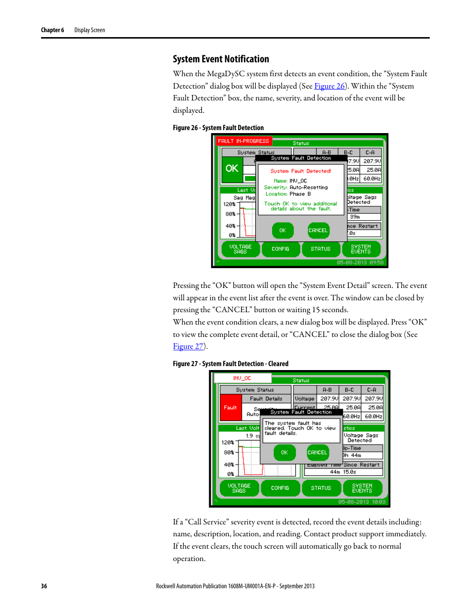 System event notification, Figure 26 - system fault detection, Figure 27 - system fault detection - cleared | Rockwell Automation 1608M MegaDySC User Manual, 400 A User Manual | Page 36 / 48