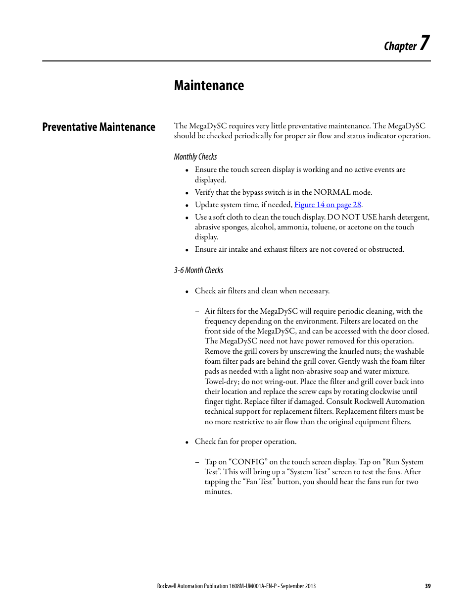 Chapter 7, Maintenance, Preventative maintenance | Monthly checks, 6 month checks, Ch 7 - maintenance, Monthly checks 3-6 month checks, Chapter | Rockwell Automation 1608M MegaDySC User Manual, 400 A User Manual | Page 39 / 48