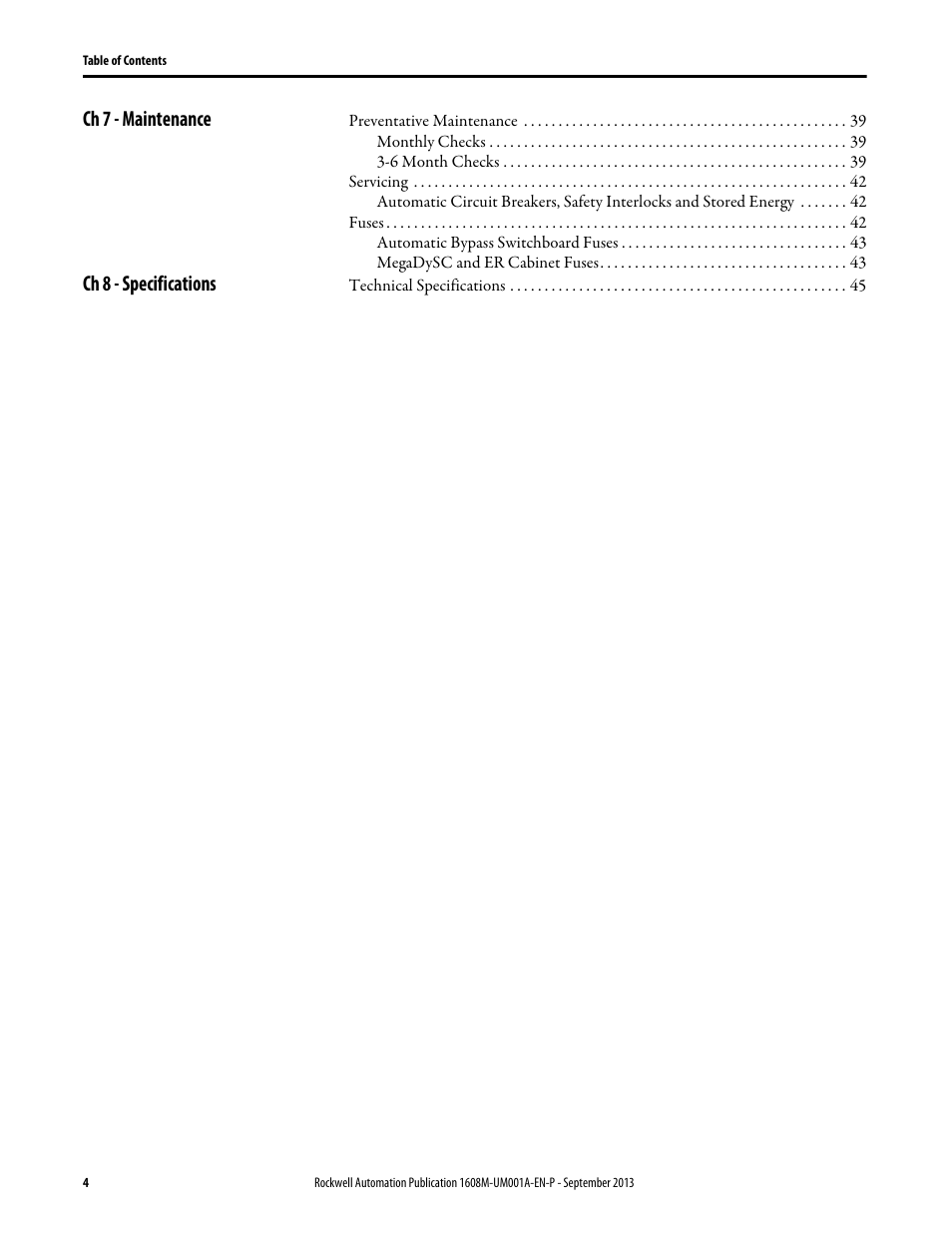 Ch 7 - maintenance, Ch 8 - specifications | Rockwell Automation 1608M MegaDySC User Manual, 400 A User Manual | Page 4 / 48