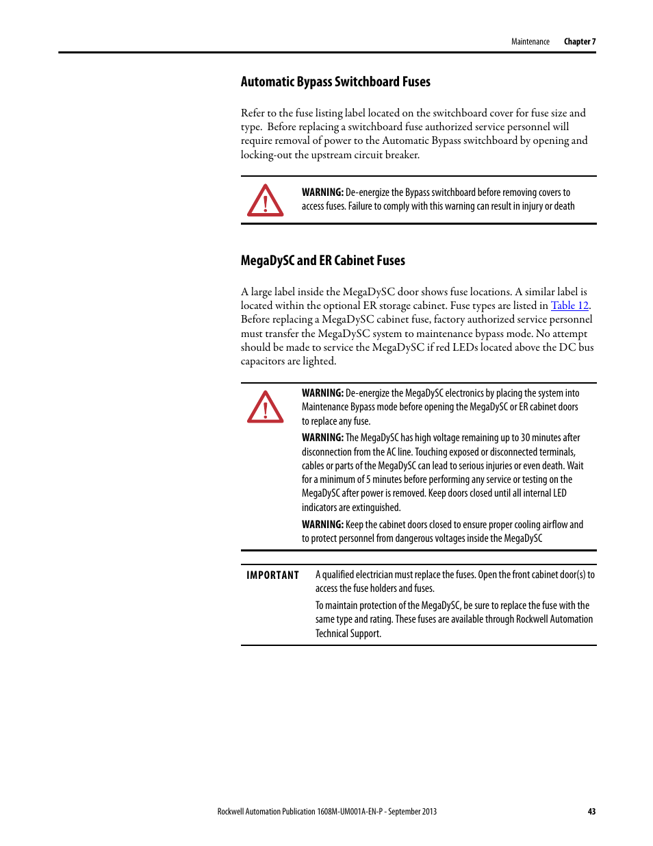 Automatic bypass switchboard fuses, Megadysc and er cabinet fuses | Rockwell Automation 1608M MegaDySC User Manual, 400 A User Manual | Page 43 / 48