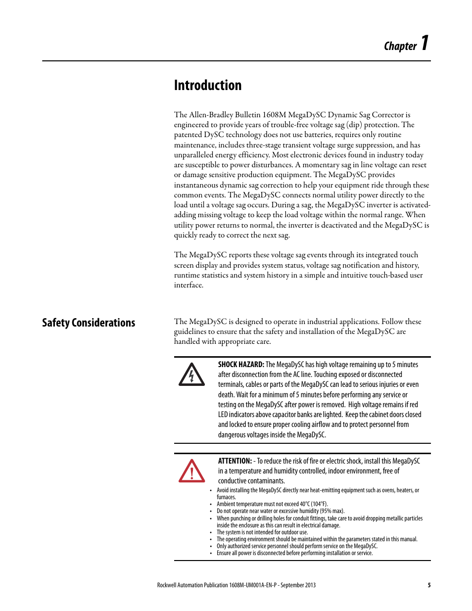 Chapter 1, Introduction, Safety considerations | Ch 1 - introduction, Chapter | Rockwell Automation 1608M MegaDySC User Manual, 400 A User Manual | Page 5 / 48