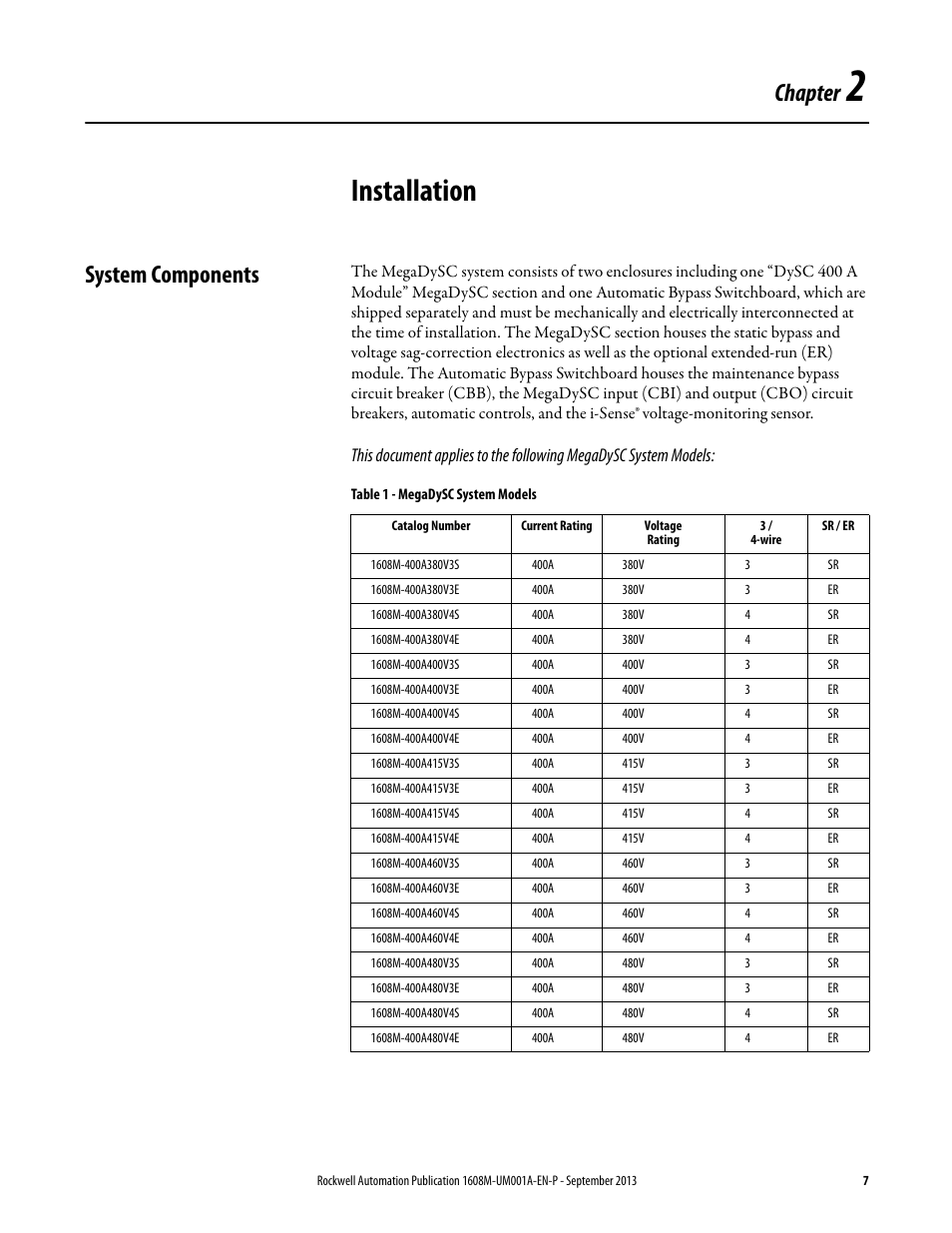 Chapter 2, Installation, System components | Table 1 - megadysc system models, System components s, Chapter | Rockwell Automation 1608M MegaDySC User Manual, 400 A User Manual | Page 7 / 48