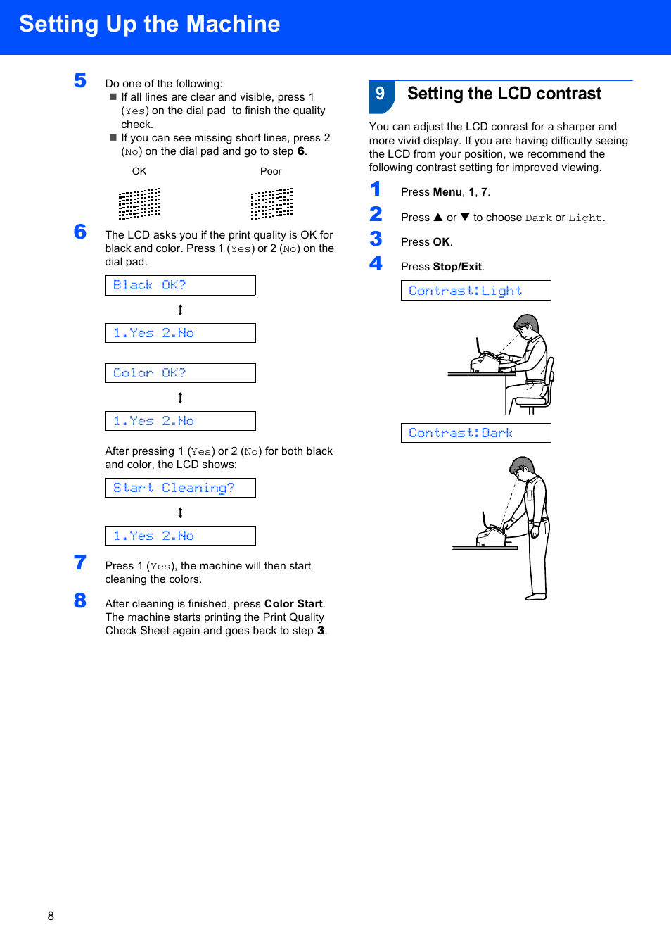 9 setting the lcd contrast, Setting up the machine, 9setting the lcd contrast | Black ok, Yes 2.no, Color ok, Start cleaning, Contrast:light, Contrast:dark | Brother FAX-1860C User Manual | Page 10 / 16