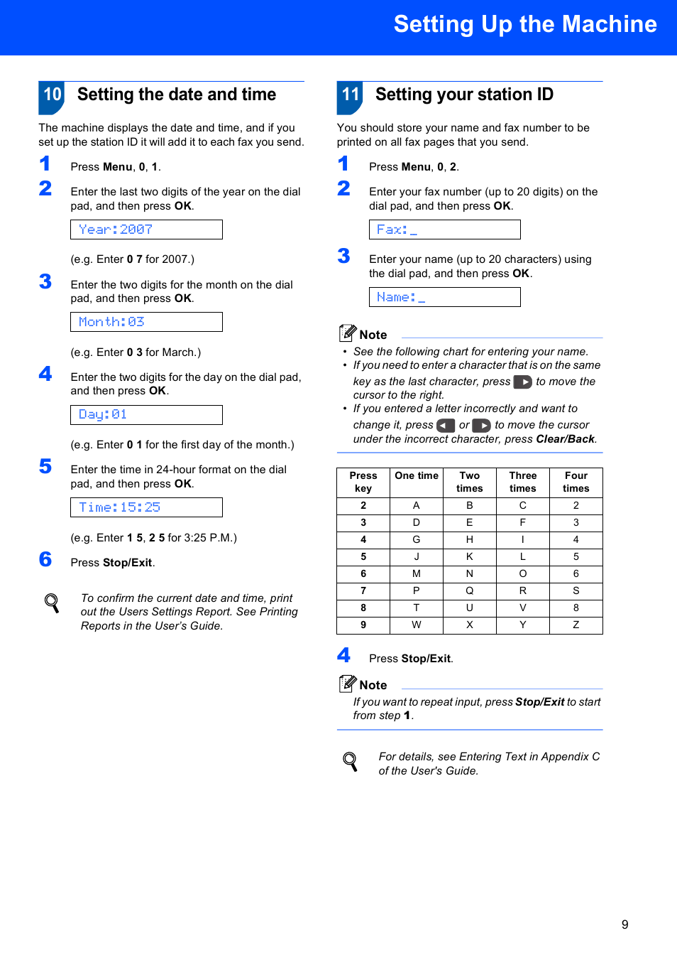 10 setting the date and time, 11 setting your station id, Setting up the machine | Year:2007, Month:03, Day:01, Time:15:25, Name | Brother FAX-1860C User Manual | Page 11 / 16