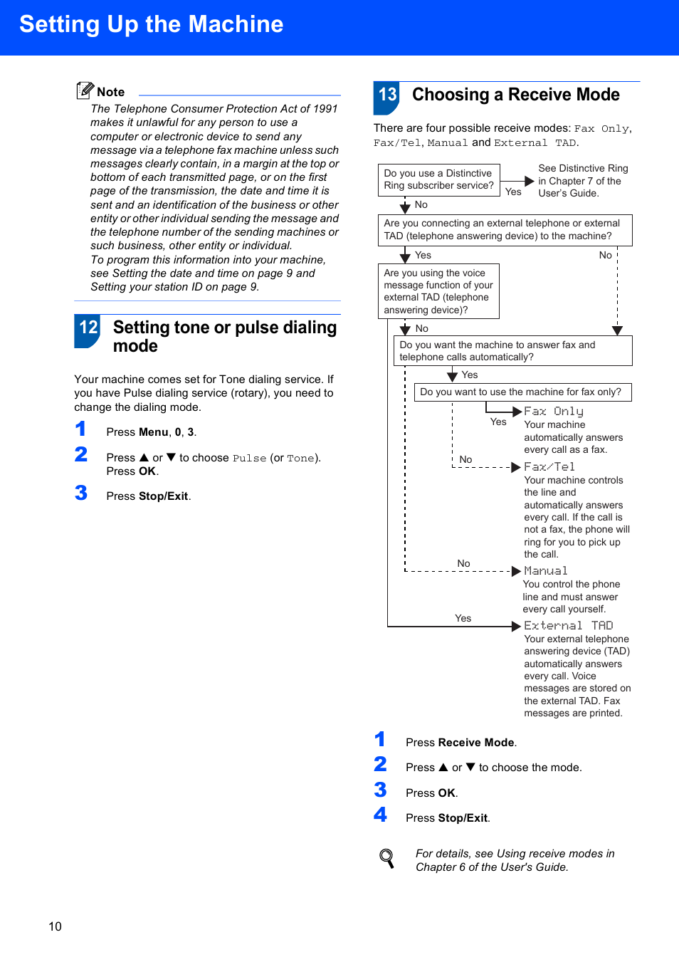 12 setting tone or pulse dialing mode, 13 choosing a receive mode, Setting up the machine | Brother FAX-1860C User Manual | Page 12 / 16