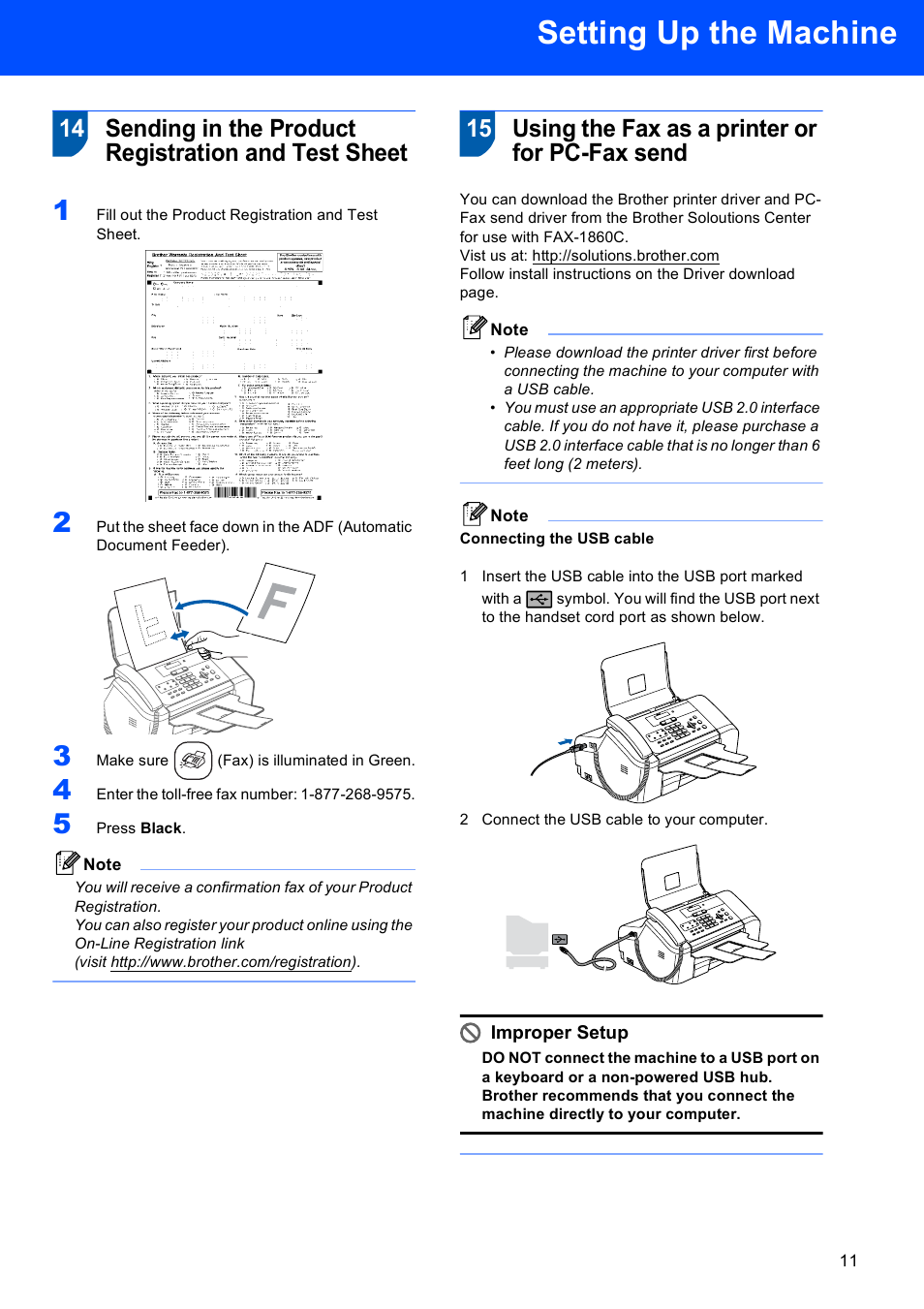 15 using the fax as a printer or for pc-fax send, Setting up the machine | Brother FAX-1860C User Manual | Page 13 / 16