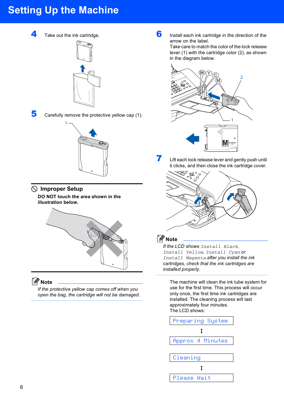 Setting up the machine, Preparing system, Approx 4 minutes | Cleaning, Please wait, Improper setup | Brother FAX-1860C User Manual | Page 8 / 16