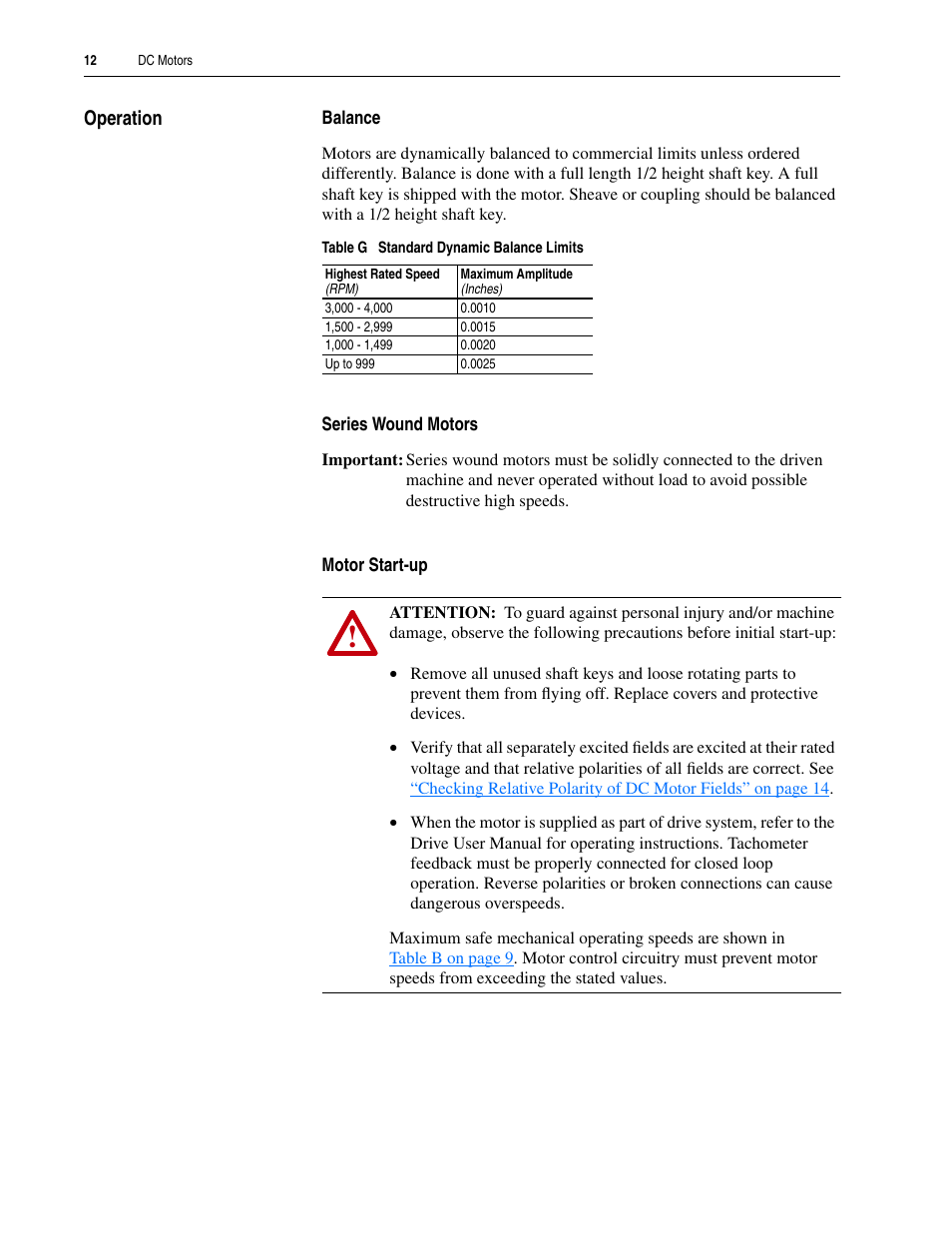 Operation, Balance, Series wound motors | Motor start-up | Rockwell Automation 1325L DC Motors User Manual User Manual | Page 12 / 24