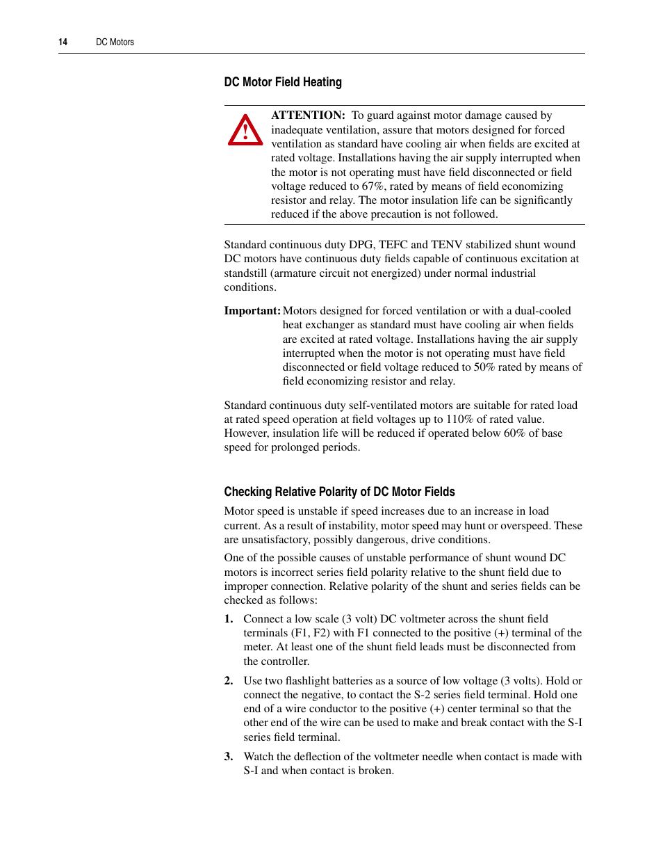 Dc motor field heating, Checking relative polarity of dc motor fields | Rockwell Automation 1325L DC Motors User Manual User Manual | Page 14 / 24
