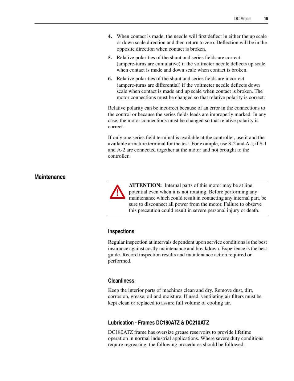 Maintenance, Inspections, Cleanliness | Lubrication - frames dc180atz & dc210atz | Rockwell Automation 1325L DC Motors User Manual User Manual | Page 15 / 24