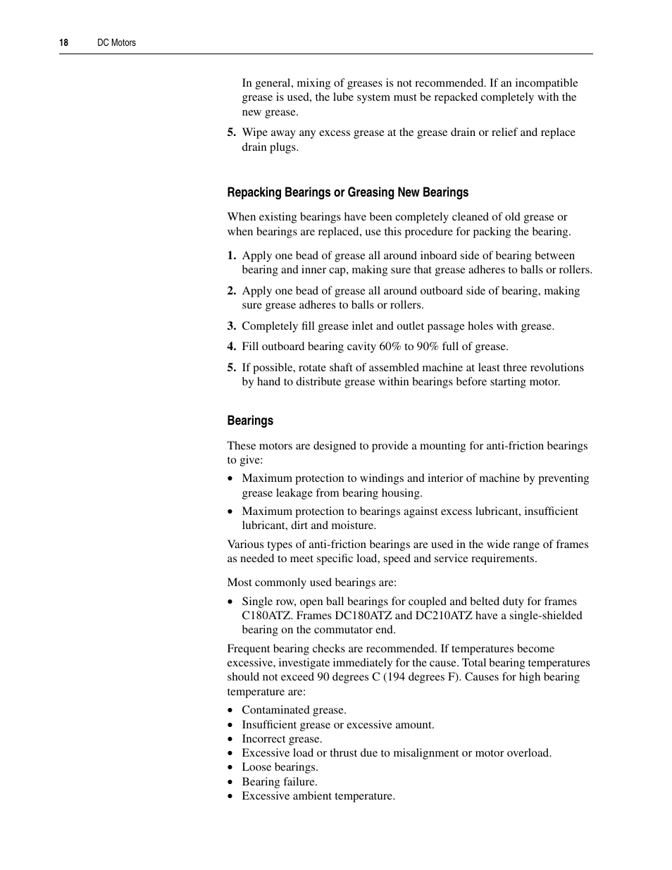 Repacking bearings or greasing new bearings, Bearings | Rockwell Automation 1325L DC Motors User Manual User Manual | Page 18 / 24