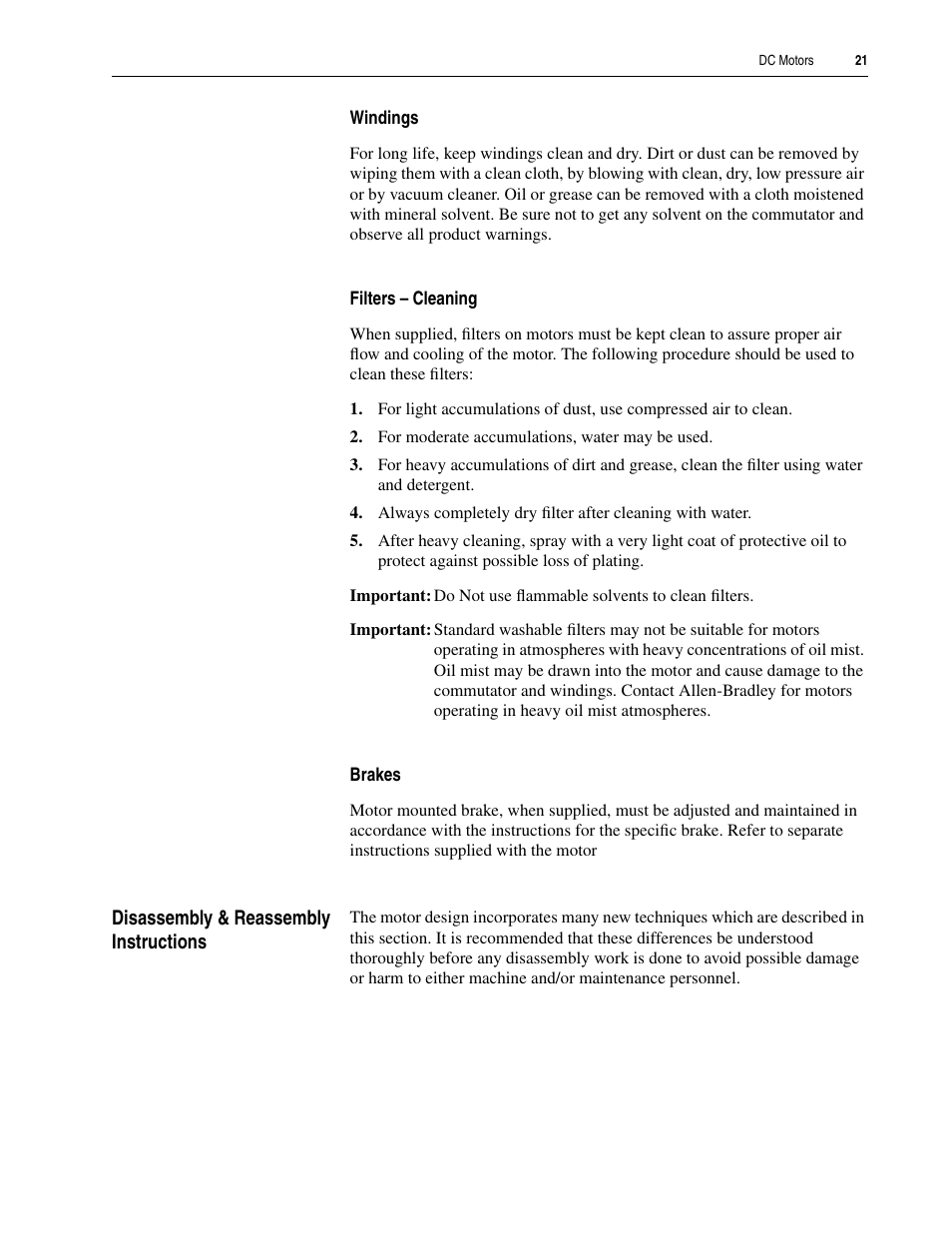 Windings, Filters – cleaning, Brakes | Disassembly & reassembly instructions | Rockwell Automation 1325L DC Motors User Manual User Manual | Page 21 / 24