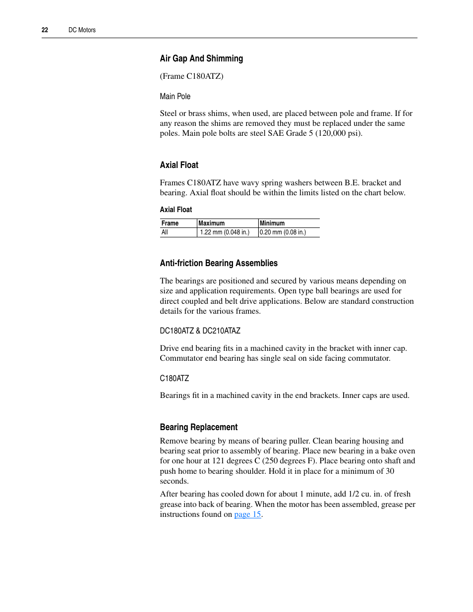 Air gap and shimming, Axial float, Anti-friction bearing assemblies | Bearing replacement | Rockwell Automation 1325L DC Motors User Manual User Manual | Page 22 / 24