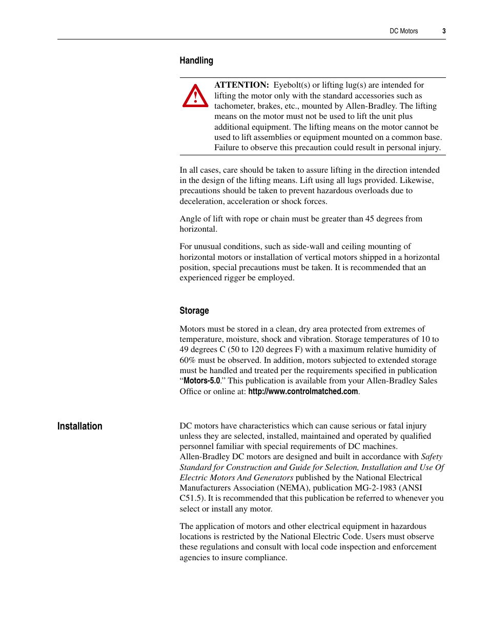 Handling, Storage, Installation | Rockwell Automation 1325L DC Motors User Manual User Manual | Page 3 / 24