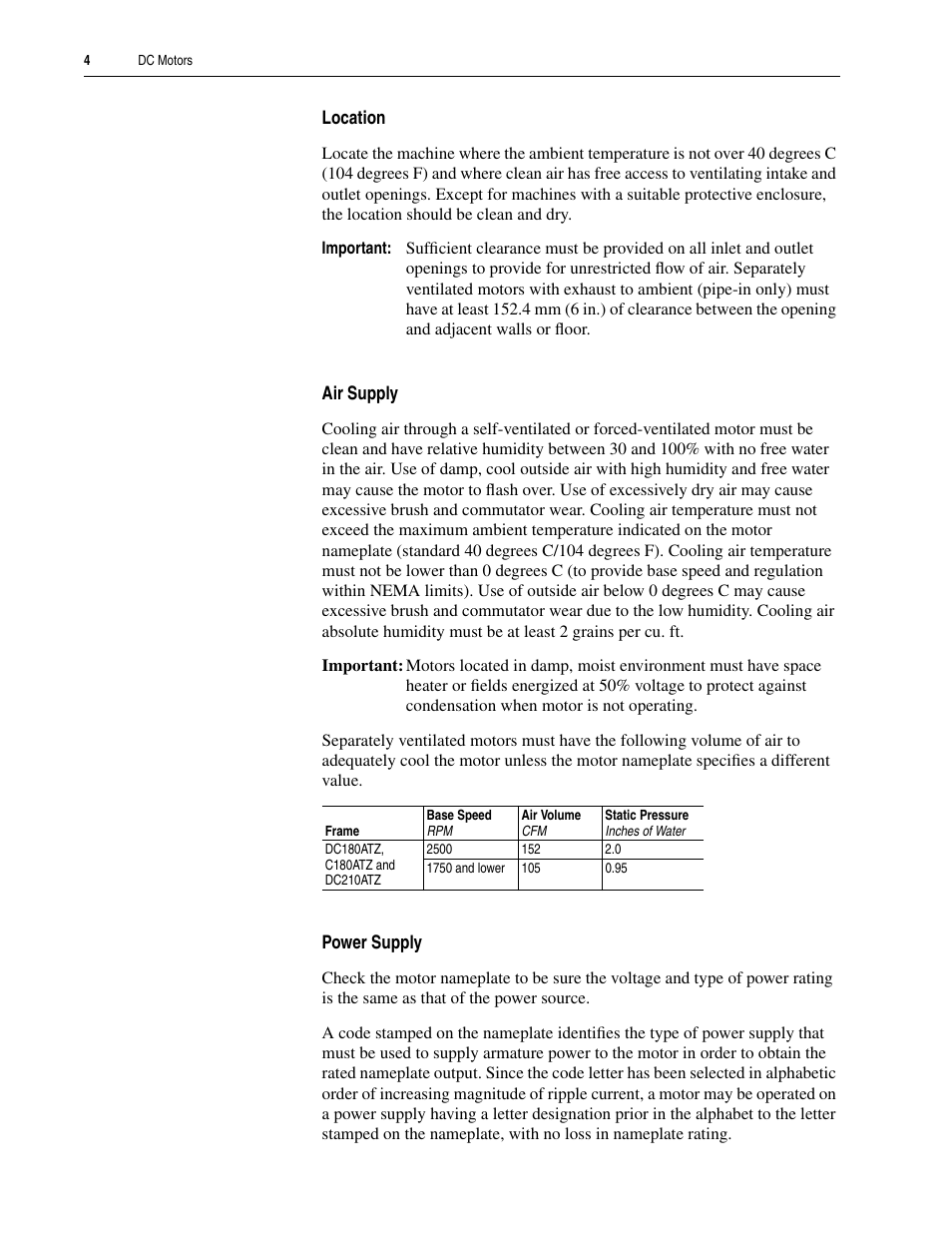 Location, Air supply, Power supply | Rockwell Automation 1325L DC Motors User Manual User Manual | Page 4 / 24