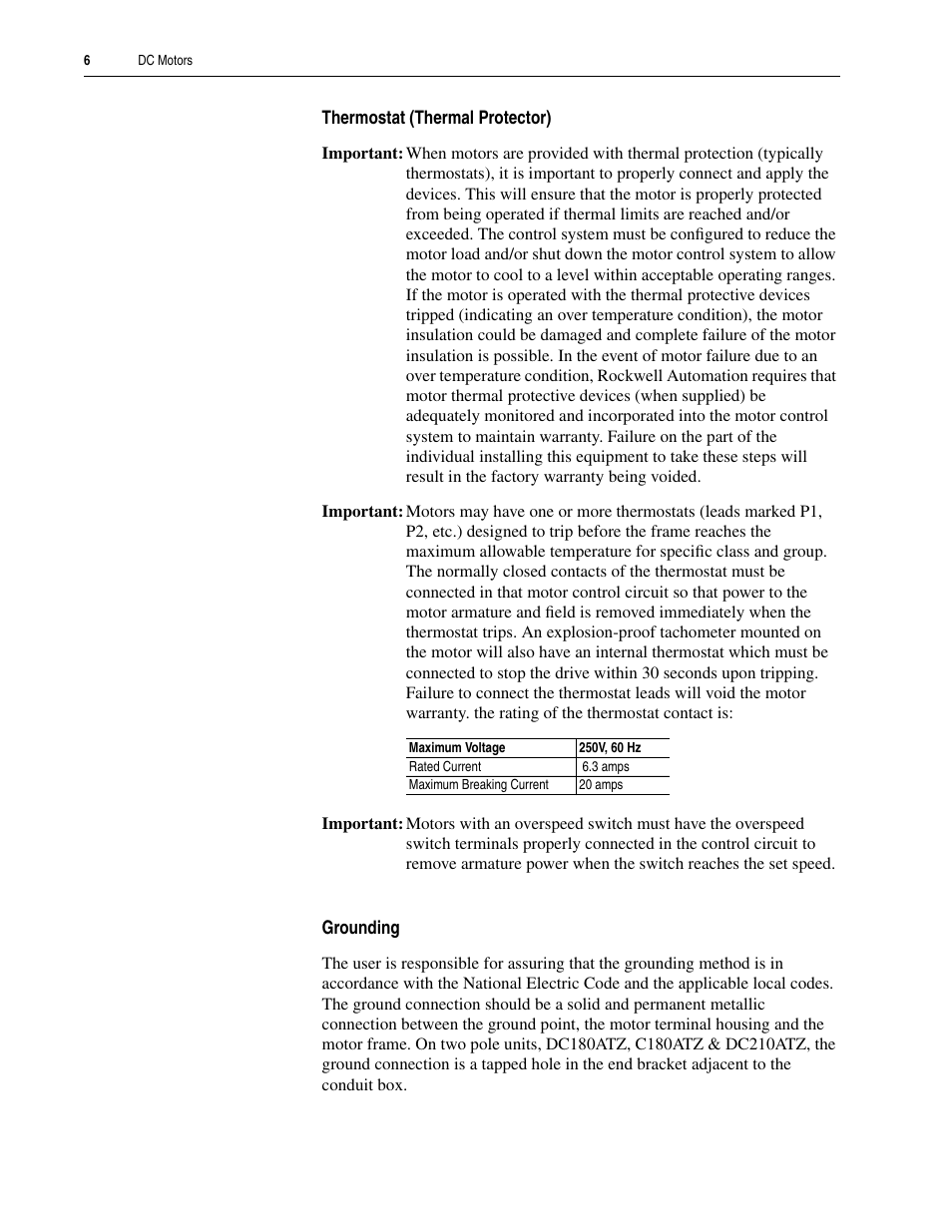 Thermostat (thermal protector), Grounding | Rockwell Automation 1325L DC Motors User Manual User Manual | Page 6 / 24